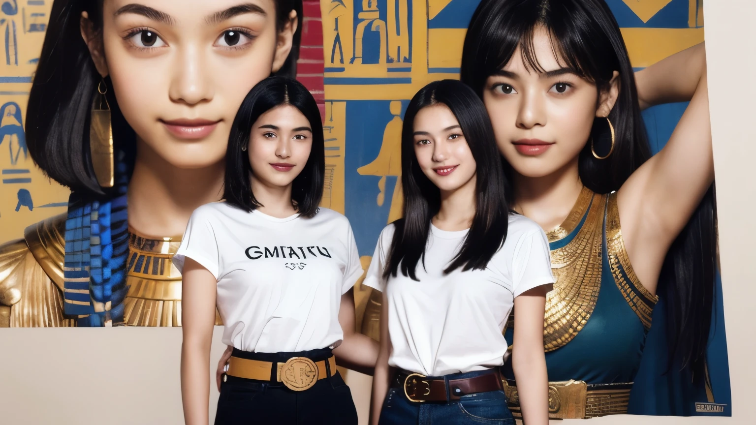 246 (In the mural2people), (18 year old female and 18 year old male), short hair,kind, lipstick, Egyptian civilization, Belt on waist, hieroglyph, smile