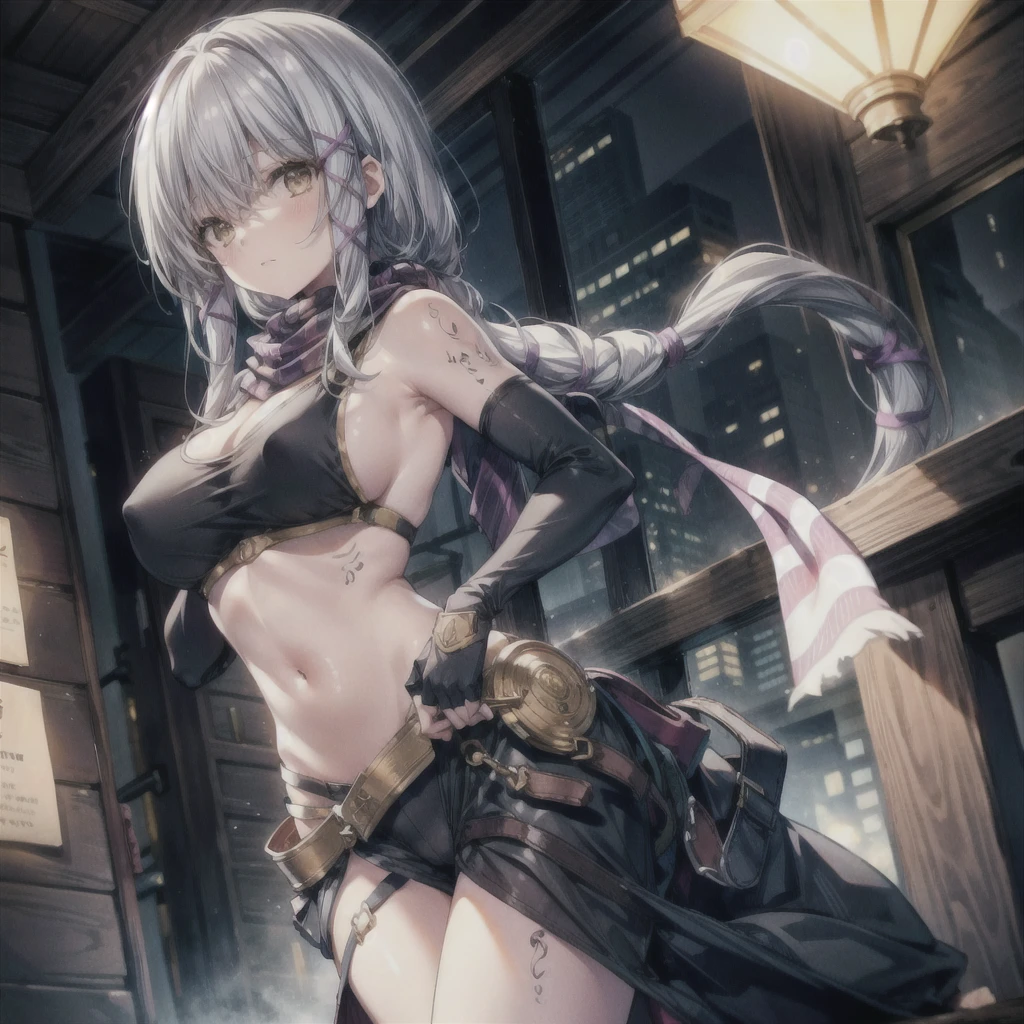 (masterpiece, highest quality, Perfect Anatomy, Fabric Shading, gleaming skin, Glowing Skin, Detailed skin),BREAK,
(clair lasbard),
(long ponytail, hair ribbon, striped scarf, black sports bra, belt, black micro bikini, fingerless gloves, thigh boots),
Full Body, on one knee, erotic pose, sensational look, (Placing hands over stomach:1.3), BREAK,
huge breasts, wide open cleavage, underboob), BREAK,
Portrait, dutch angle, BREAK,
fantasy, Late Night, Dark, BREAK