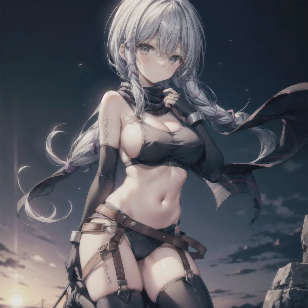 (masterpiece, highest quality, Perfect Anatomy, Fabric Shading, gleaming skin, Glowing Skin, Detailed skin),BREAK,
(clair lasbard), 
(long ponytail, hair ribbon, striped scarf, black sports bra, belt, black micro bikini, fingerless gloves, thigh boots),
 
Full Body, on one knee, erotic pose, sensational look, (Placing hands over stomach:1.3), BREAK, 
huge breasts, wide open cleavage, underboob), BREAK,
Portrait, dutch angle, BREAK,
fantasy, Late Night, Dark, BREAK