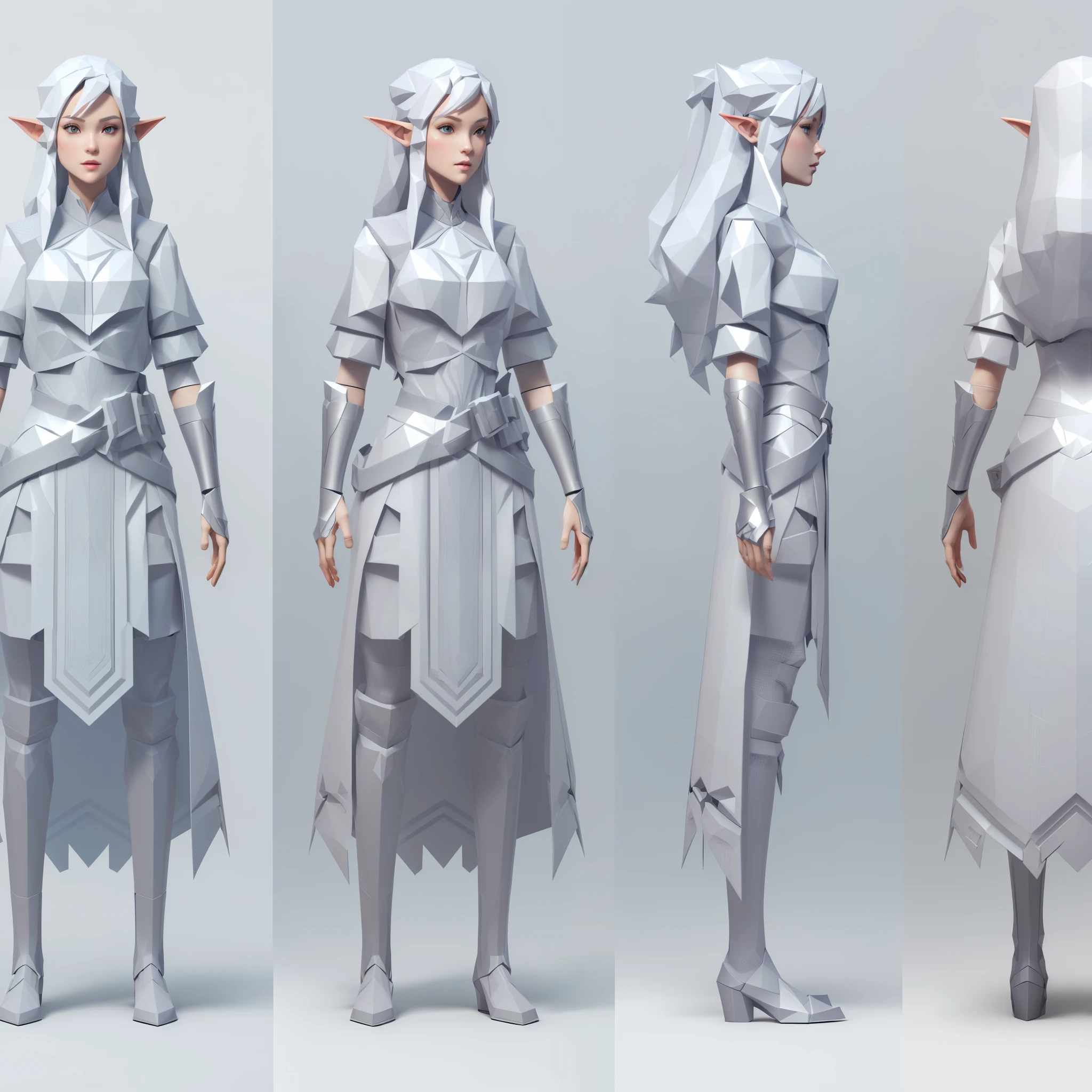 (Masterpiece, best quality: 1.2), (Super detailed), (Illustration),(HDR:1) a set of three different poses of a woman in a white, rpg concept art character, fashionable rpg clothing, game character concept art, female elf, rpg character concept art, concept art character modeling, character posing for concept art, detailed full body concept art, 3d character concept artwork, dnd character design concept art, video game character concept, game character design,white long hem, elf, low poly full body concept, low poly detailed full body concept, character model sheet turnaround, fullbody shot turnaround, concept character sheet, full body concept art, reference model sheet , full body concept art, PS1 style character, game character design, female, video game ps1 character concept, low poly detailed character design, character sheet, character model sheet turnaround , front and back, front and back, grey clean background, low poly 3D character, leather belt with leather knife bag, oceanblue cloth, blue hem with white fur, low poly art style, low polygon, ((low polygonal)), ((organic shapes and lines)), (((low poly art style))), perfect alignment, ((clear outline)), (((polygon skin texture))),3d render, ((PS1 graphics)), ray tracing, sharp focus, ((low poly face)), ((polygon shape))