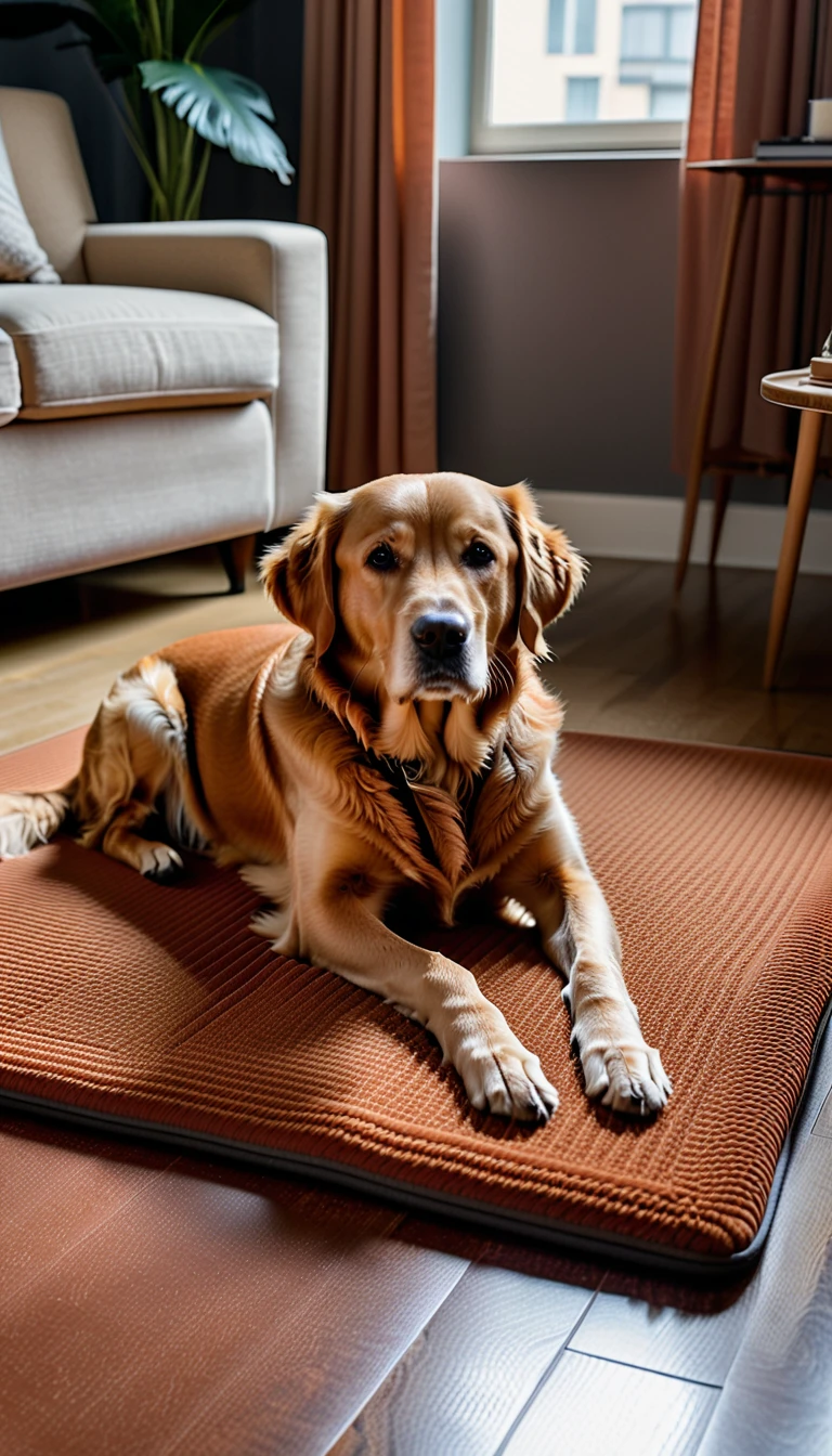 A hyperealistic photograph a retriever dog lying on pet mat in cozy living room, minimal design, ultra detailed, shot in the style of a canon R5, high resolution photograph high definition, hyperrealism, terracotta color palette --ar 2:3 --s 750