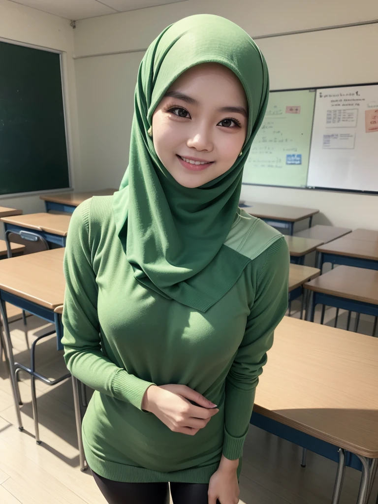 25 years old teacher, green tight sweater tucked in the legging, high waist legging, green hijab, standing at the classroom, small breast, flat chest, no bra, smiling, greeting the viewers, say hi!, beautiful Indonesian face, beautiful smile.
