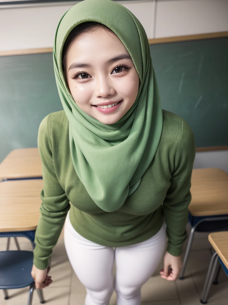 25 years old teacher, green tight sweater tucked in the legging, high waist legging, green hijab, standing at the classroom, small breast, flat chest, no bra, smiling, greeting the viewers, say hi!, beautiful Indonesian face, beautiful smile.