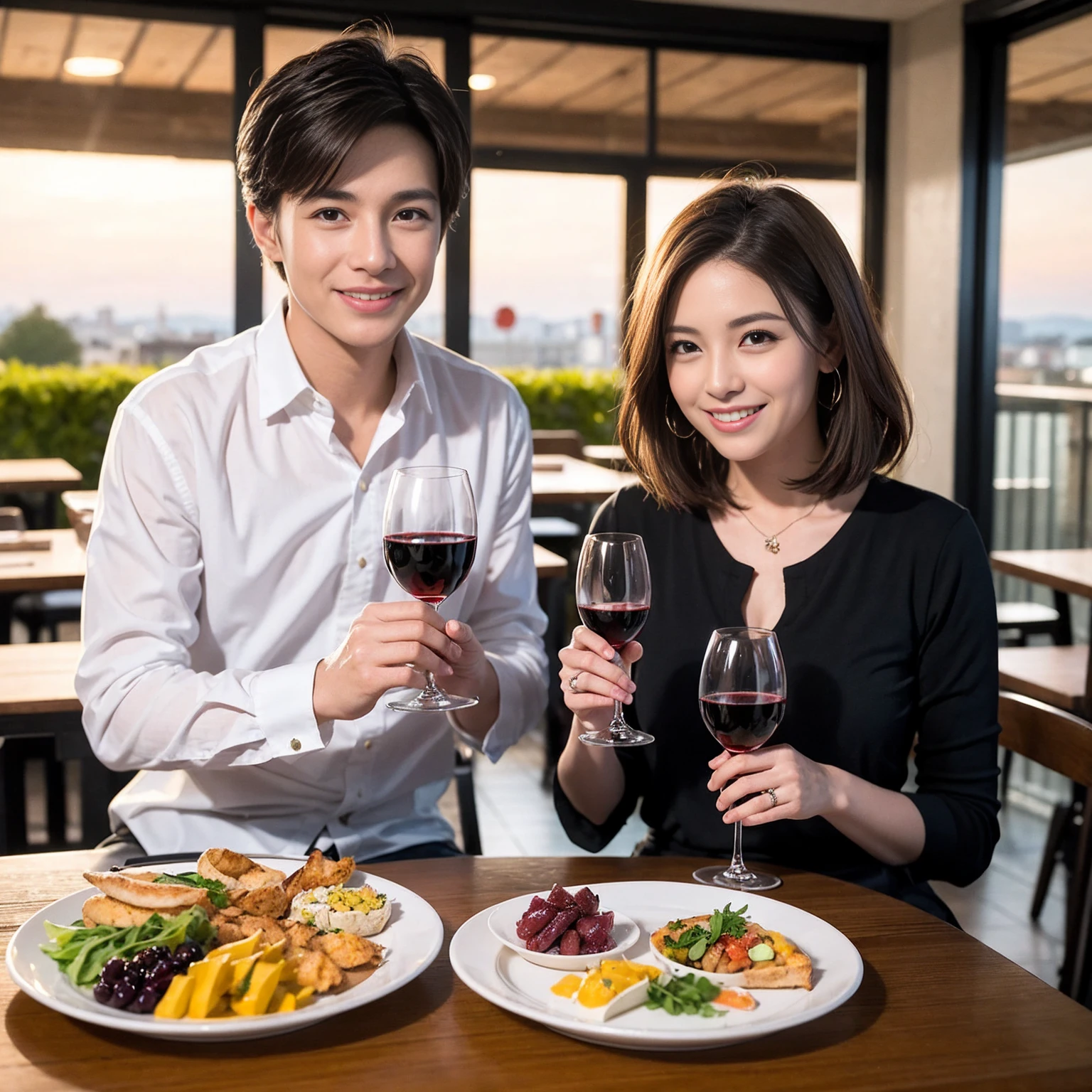 ((Highest quality、8K、masterpiece:1.3))、 (Genuineistic, Genuine、Bright image、Intricate details:1.2), 最高のsmile、1 male 1 female、Beautiful couple、Lovey-dovey lovers、fiancee、Model Friends、actress couple、smile、Full-course dinner at a packed table、 (Slim face), (the body is slim), (Brown Hair), (short hair), テーブルのwine glass、Please shine a light on my face、 Amazing view of the sunset sky and clouds、42 years old 39 years old, red wine 、Appetizers、Wine bottle、sparkling wine、Long sleeve shirt、dress、White wine, red wine, wine glass,