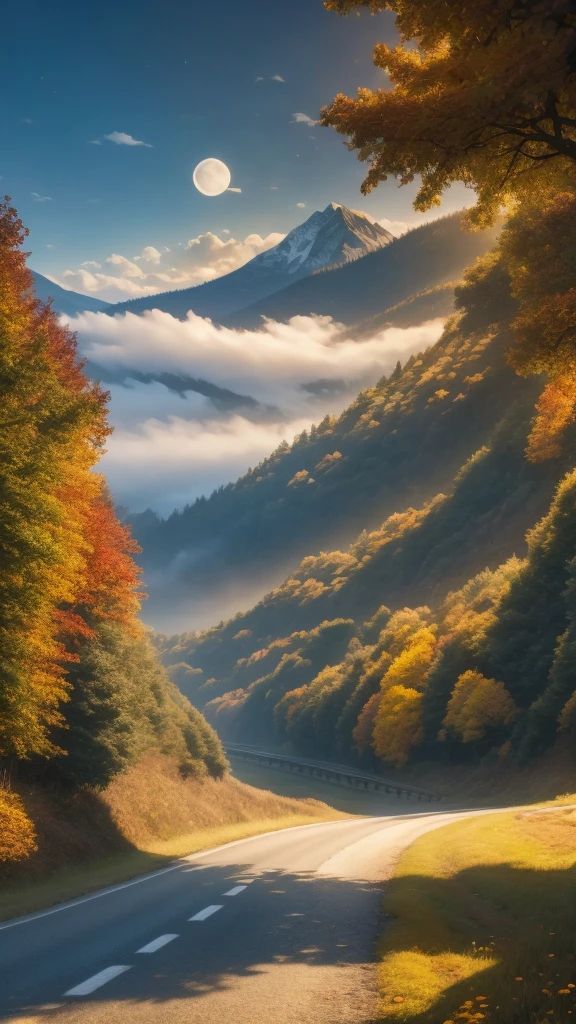 Mountain road, fall, leaf, fog, night, full moon, owl