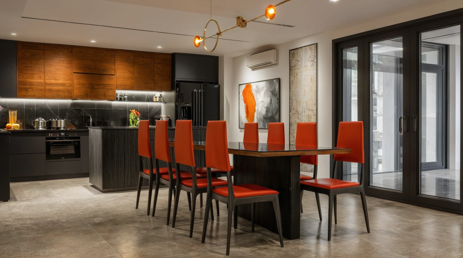 Raw photo,Masterpiece, high quality, best quality, authentic, super detail, 
interior, indoors, kitchen style modern, wooden dining table
, (daylight:1.1), vivid colour, (realistic:1.2),
