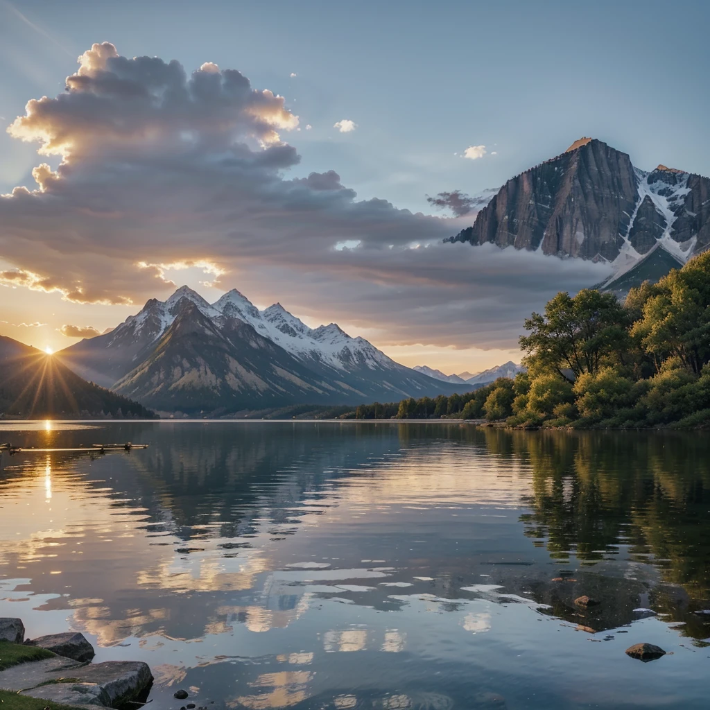 Stunning sunset views,On the calm lake,Surrounded by majestic mountains,Breathtaking. In the center of the image, Standing alone,Hands together,Close your eyes,Engage in deep meditation. Just above them, Artistic Expressions of God, Surrounded by a sacred aura, Watching with compassion those who are meditating. The golden light of the setting sun bathes this beautiful scene, Create tranquility、Atmosphere