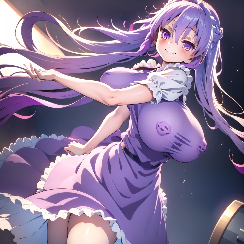 1 girl, game cg, brown short frilled dress, small apron, ((gigantic breasts)), light purple hair, long hair, french braid, purple eyes, smile, white background, own hands clasped,