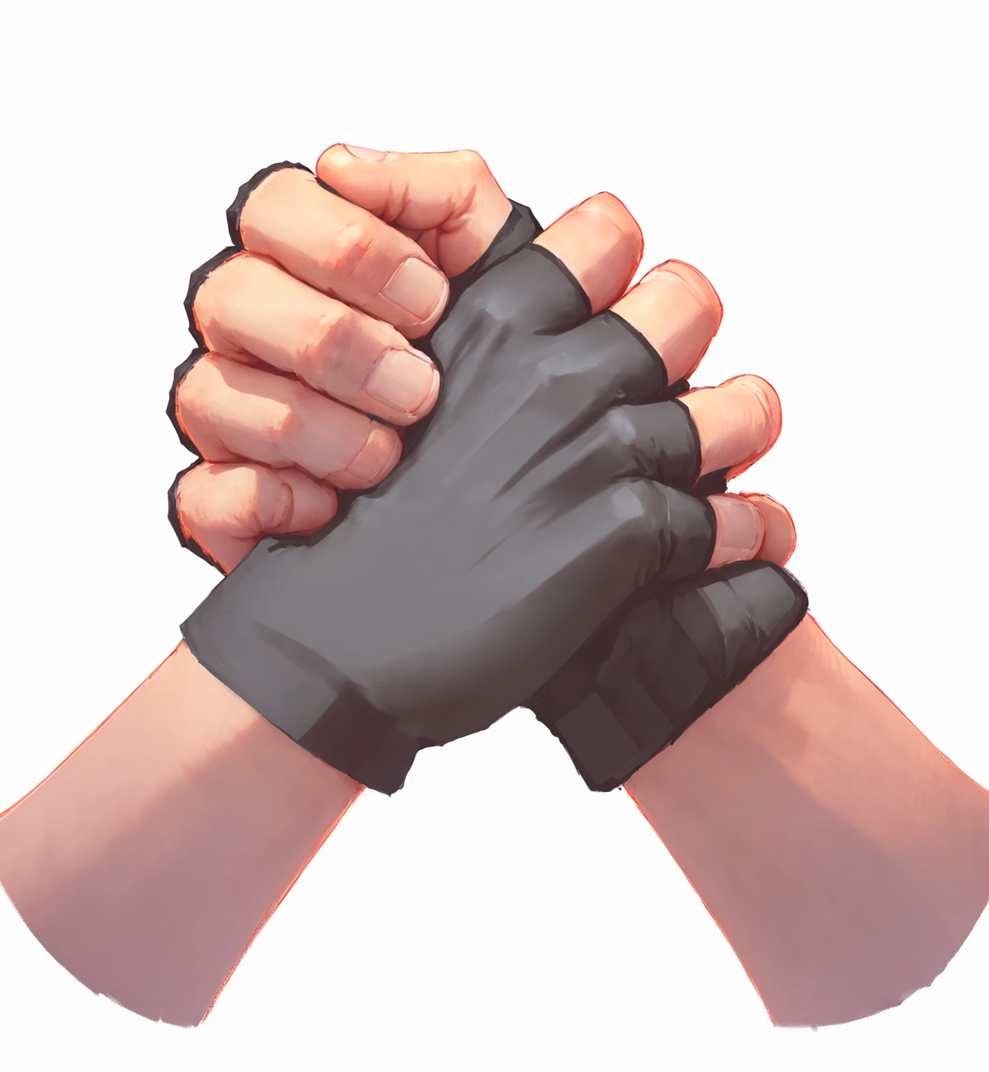 there are two hands holding each other with black Gloves, Gloves on hands, Clenched fist, wearing Gloves, Big fists, Squeeze your hands, Gloves, Heavy hand gesture style close-up, Bandage wrapped around fist, Simple Hands, Fingers crossed, prayer hands, Correction hand, Normal hand, coherent hands, Gloves, arm wrestling, Low polygon hand