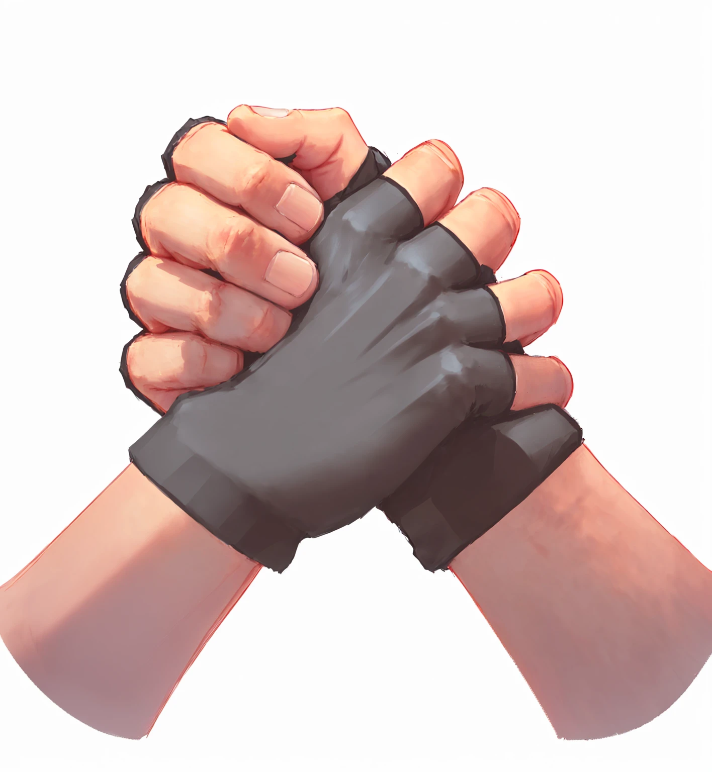 there are two hands holding each other with black Gloves, Gloves on hands, Clenched fist, wearing Gloves, Big fists, Squeeze your hands, Gloves, Heavy hand gesture style close-up, Bandage wrapped around fist, Simple Hands, Fingers crossed, prayer hands, Correction hand, Normal hand, coherent hands, Gloves, arm wrestling, Low polygon hand