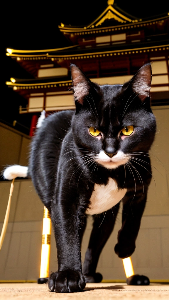 "A mischievous, royally dressed, bipedal cat with jet black fur and piercing golden eyes is up to playful mischief in a traditional Japanese castle, where a Bon Odori dance is taking place. The other cats look on with a mixture of bewilderment and amusement. Ultra-high resolution, ultra-realistic."