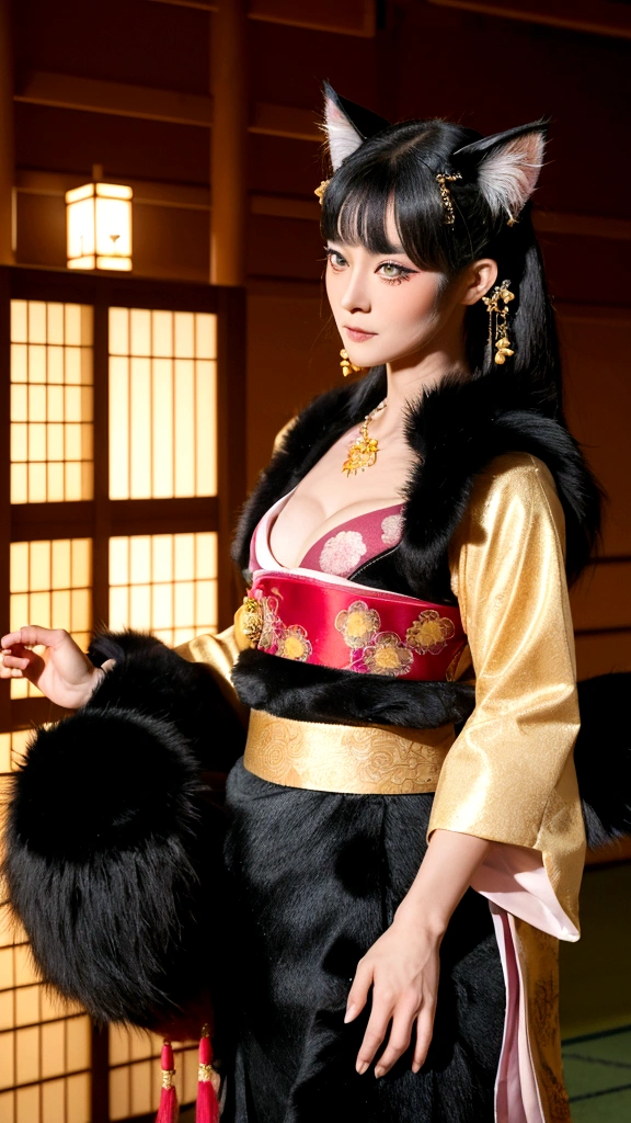 "A mischievous, royally dressed, bipedal cat with jet black fur and piercing golden eyes is up to playful mischief in a traditional Japanese castle, where a Bon Odori dance is taking place. The other cats look on with a mixture of bewilderment and amusement. Ultra-high resolution, ultra-realistic."