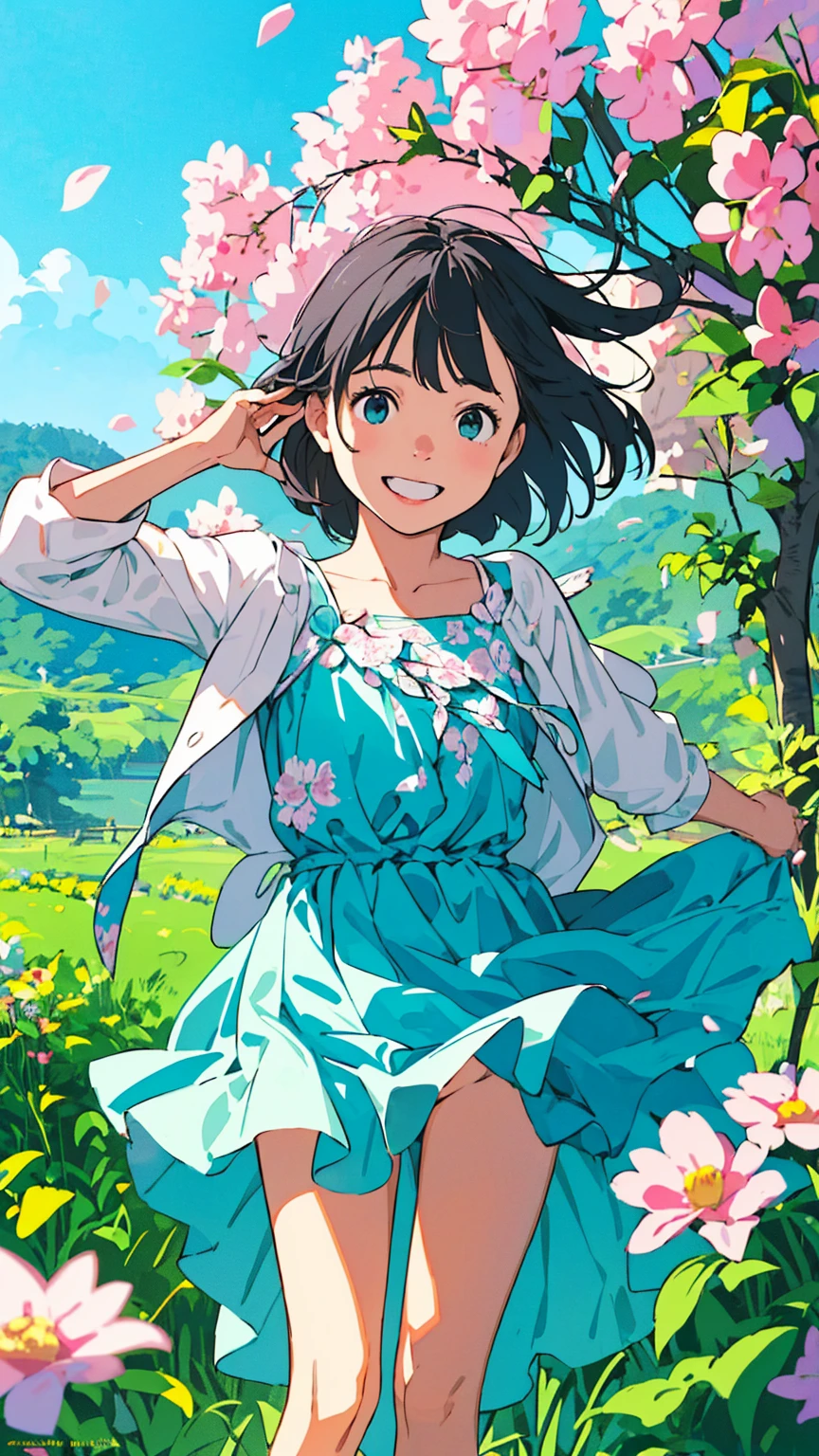 Reasonable design, Clear lines, High Sharpness, (Highest quality,4K,Perfect sharpness,Ultra fine,High resolution,masterpiece:1.2), Perfect Anatomy:1.5, Official Art, Illustrations that tell a story, (Whitish background:0. 9)、Body Positivity、多Mr.な身体表現、(Random and energetic poses)、Perfect beauty、Perfect beautiful face、Strong winds、A rich expression、Dynamic composition、smile、Golden ratio composition、colorful、((Mr.々Different angles and perspectives))、Anime Art、(Mini dress)、(Overcoming stereotypes)、 Glowing Skin、(Natural beauty)、smile、Bangs、(Soft and flowing hair)、(countryside)、(Nostalgic atmosphere)、Put up to your feet、(Playful and carefree)、(多Mr.な民族のキャラクター)、(innocent attitude)、(Sunny atmosphere)、(The skirt flutters wildly in the wind)、(Bright colors)、Beautiful Eyes、(Embarrassing)、Braided Hair、Summer Scene、Smiling among flowers