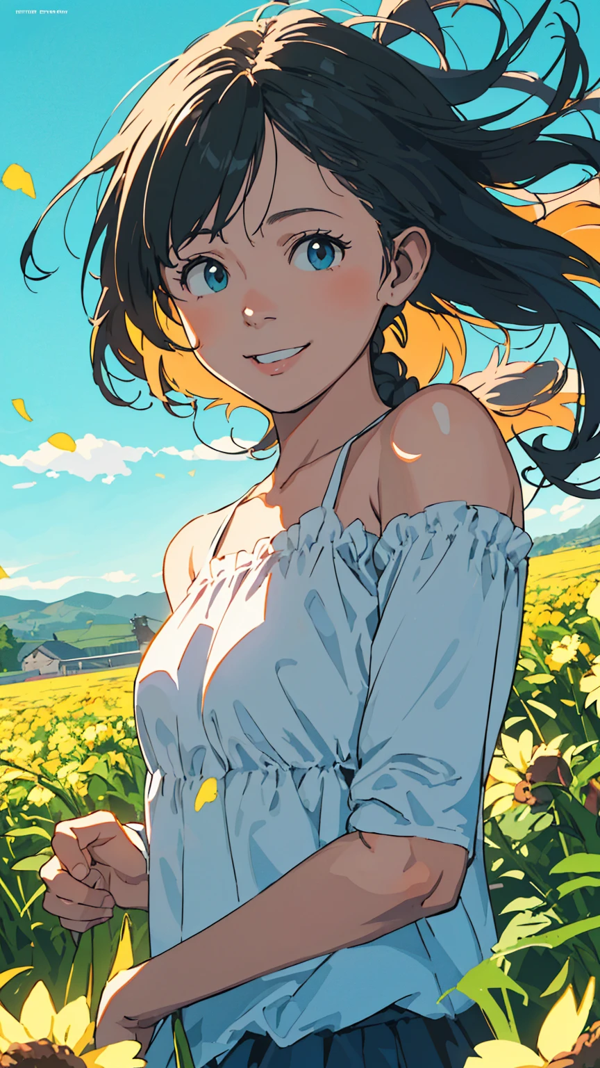 Reasonable design, Clear lines, High Sharpness, (Highest quality,4K,Perfect sharpness,Ultra fine,High resolution,masterpiece:1.2), Perfect Anatomy:1.5, Official Art, Illustrations that tell a story, (Whitish background:0. 9)、Body Positivity、多Mr.な身体表現、(Random and energetic poses)、Perfect beauty、Perfect beautiful face、Strong winds、A rich expression、Dynamic composition、smile、Golden ratio composition、colorful、((Mr.々Different angles and perspectives))、Anime Art、(Mini dress)、(Overcoming stereotypes)、 Glowing Skin、(Natural beauty)、smile、Bangs、(Soft and flowing hair)、(countryside)、(Nostalgic atmosphere)、Put up to your feet、(Playful and carefree)、(多Mr.な民族のキャラクター)、(innocent attitude)、(Sunny atmosphere)、(The skirt flutters wildly in the wind)、(Bright colors)、Beautiful Eyes、(Embarrassing)、Braided Hair、Summer Scene、Smiling among flowers