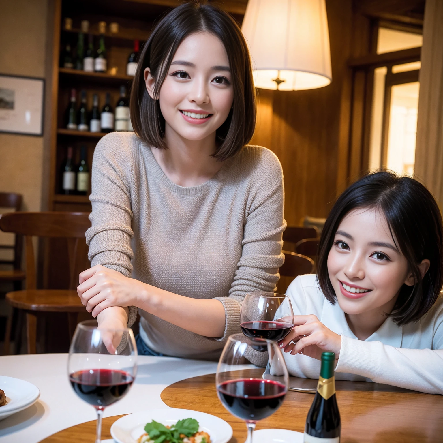 ((Highest quality、8K、masterpiece:1.3))、 (Genuineistic, Genuine、Bright image、Intricate details:1.2), 最高のsmile、1 male 1 female、Slim Body、Beautiful couple、Satomi Ishihara-like lover、Model Friends、actress couple、smile、A full-course dinner with a full table、 (Slim face), (the body is slim), (Brown Hair), (short hair), テーブルのwine glass、Please shine a light on my face、 Amazing view of the sunset sky and clouds、 (39 years old)38 years old, red wine 、Wine bottle、sparkling wine、Long sleeve shirt、dress、White wine, red wine, wine glass, 