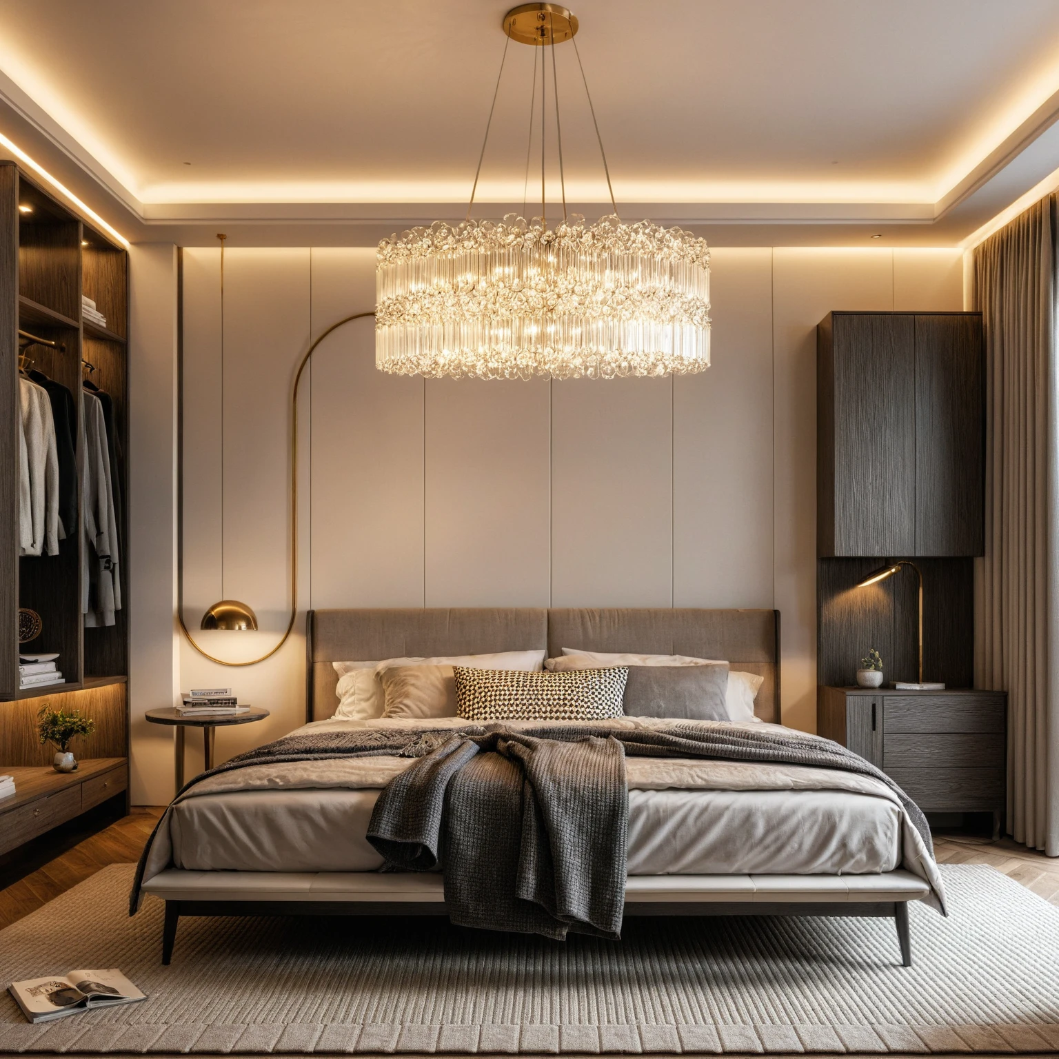 Raw photo,Masterpiece, high quality, best quality, authentic, super detail, interior, indoors, ((bedroom style modern luxury)), sunset, day light, bed, lamp, carpet, curves, bedside cabinets, flower vase, wood floor ,wardrobe, led, 