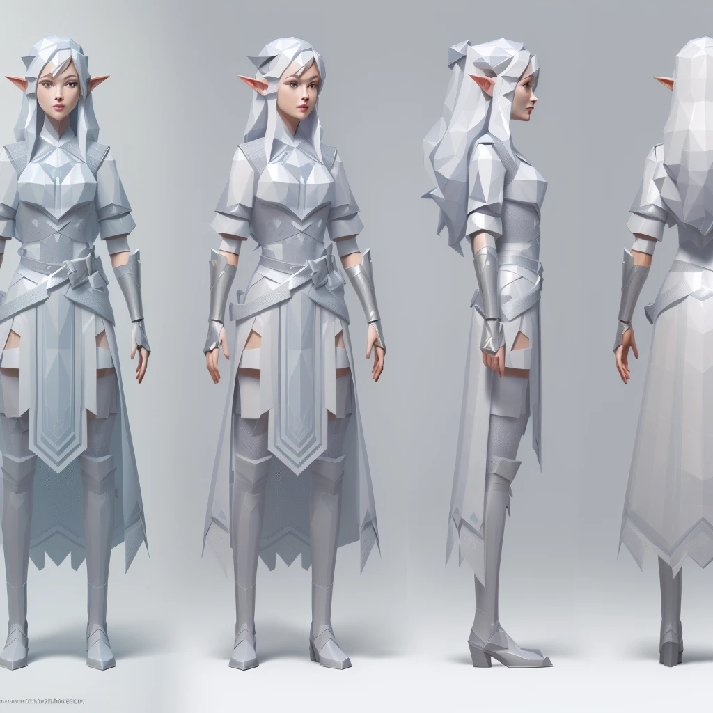 (Masterpiece, best quality: 1.2), (Super detailed), (Illustration),(HDR:1) a set of three different poses of a woman in a white, rpg concept art character, fashionable rpg clothing, game character concept art, female elf, rpg character concept art, concept art character modeling, character posing for concept art, detailed full body concept art, 3d character concept artwork, dnd character design concept art, video game character concept, game character design,white long hem, elf, low poly full body concept, low poly detailed full body concept, character model sheet turnaround, fullbody shot turnaround, concept character sheet, full body concept art, reference model sheet , full body concept art, PS1 style character, game character design, female, video game ps1 character concept, low poly detailed character design, character sheet, character model sheet turnaround , front and back, front and back, grey clean background, low poly 3D character, leather belt with leather knife bag, oceanblue cloth, blue hem with white fur, low poly art style, low polygon, ((low polygonal)), ((organic shapes and lines)), (((low poly art style))), perfect alignment, ((clear outline)), (((polygon skin texture))),3d render, ((PS1 graphics)), ray tracing, sharp focus, ((low poly face)), ((polygon shape)), ((( polygon face )))