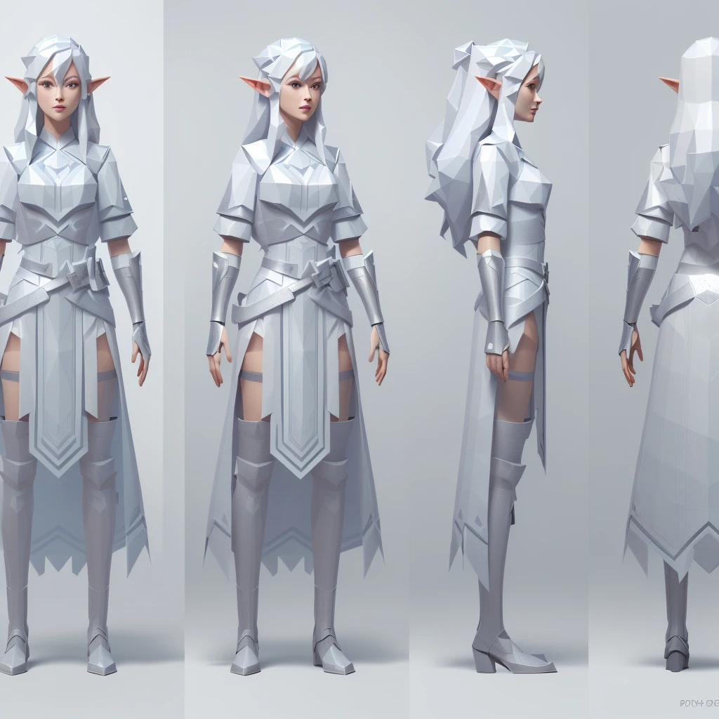 (Masterpiece, best quality: 1.2), (Super detailed), (Illustration),(HDR:1) a set of three different poses of a woman in a white, rpg concept art character, fashionable rpg clothing, game character concept art, female elf, rpg character concept art, concept art character modeling, character posing for concept art, detailed full body concept art, 3d character concept artwork, dnd character design concept art, video game character concept, game character design,white long hem, elf, low poly full body concept, low poly detailed full body concept, character model sheet turnaround, fullbody shot turnaround, concept character sheet, full body concept art, reference model sheet , full body concept art, PS1 style character, game character design, female, video game ps1 character concept, low poly detailed character design, character sheet, character model sheet turnaround , front and back, front and back, grey clean background, low poly 3D character, leather belt with leather knife bag, oceanblue cloth, blue hem with white fur, low poly art style, low polygon, ((low polygonal)), ((organic shapes and lines)), (((low poly art style))), perfect alignment, ((clear outline)), (((polygon skin texture))),3d render, ((PS1 graphics)), ray tracing, sharp focus, ((low poly face)), ((polygon shape)), ((( polygon face )))