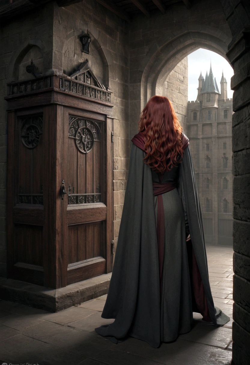 a young female lily evans in cape is standing in front of a door, green eyes, red haired deity, in a cloak Gryffindor long hairs, wearing a flowing cloak, with long red hair, cloaked woman, wearing a luxurious cloak, the piercing stare of yuki onna, wearing cloak, griffith from berserk, wears a long robe, he has dark grey hairs, Hogwarts castle , ultra-detailed,(realistic,photorealistic,photo-realistic:1.37),cinematic lighting,dramatic shadows,dark fantasy,moody atmosphere,chiaroscuro style , dark academia aesthetic
