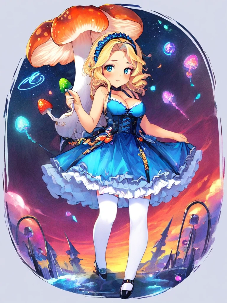 a beautiful 20 year old blonde woman with big messy hair in a blue dress, white stockings, black headband, cleavage, holding a glowing mushroom, fantasy art style, rossdraws cartoon vibrant, alice in wonderland cyberpunk, cute detailed digital art, colorfull digital fantasy art, digital fantasy art ), glossy digital painting, rossdraws pastel vibrant, rossdraws 2. 5, rossdraws 1. 0