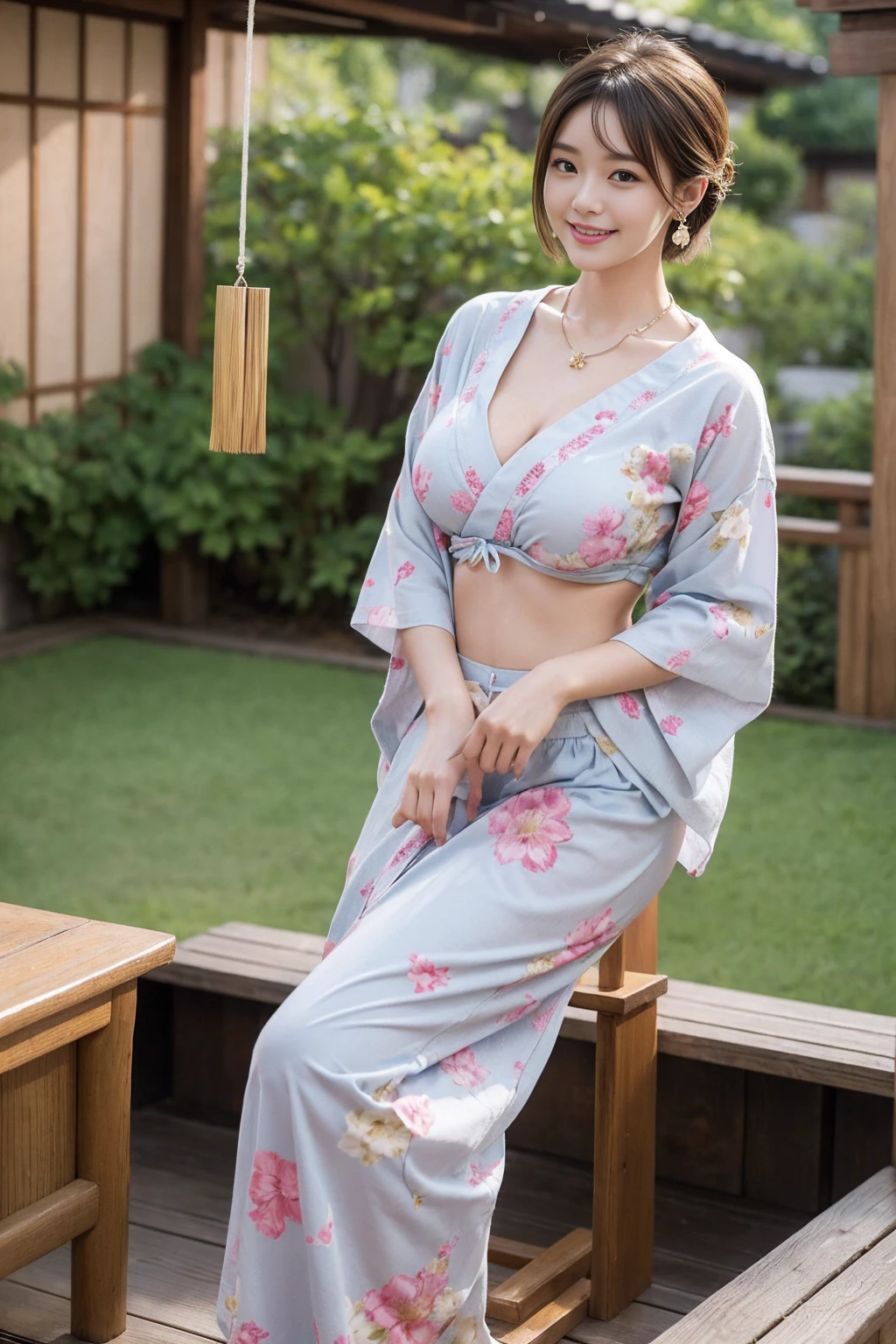high quality,8K, Detailed facial depiction, Detailed description of the eyes,One Woman, Light brown hair(Short Hair),Beautiful Japanese Girl,24-years-old,Cute eyes,Cute Smile,Yukata beauty,The yellow floral yukata is open and very sexy.,The front of the yukata is open, revealing a sexy bra,Lace underwear,String panties,Slender body, Large, plump breast size, Long and beautiful legs,Smiling, Colorful earrings,necklace,Are standing,Beautiful nape,Japan tatami room,Feminine gestures,Dry landscape garden,wind chimes,