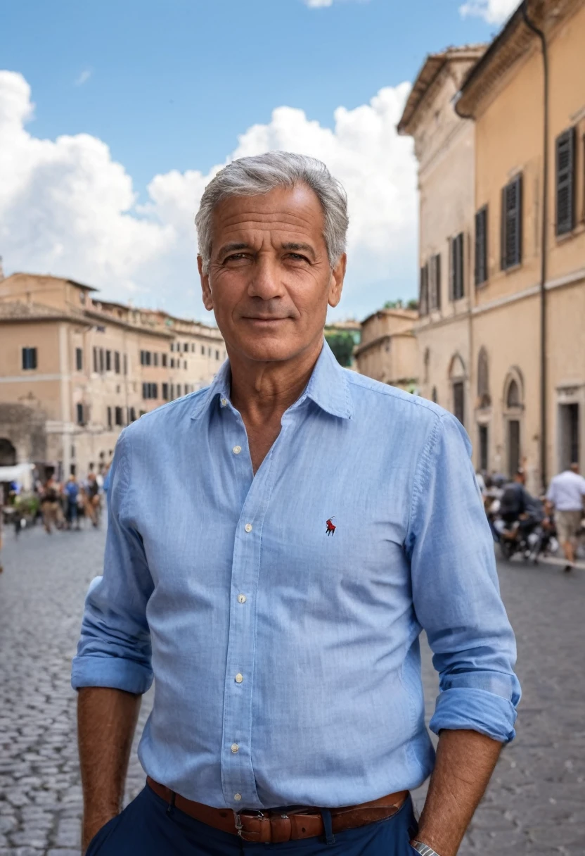 ((65 years old)) a bit ugly Italian engineer, gray short hair, medium build, Mediterranean body and skin tone, blue ralph lauren shirt, business casual Italian style, in a typical Rome location, summertime, sunny day with puffy white small clouds in the sky, serene happy atmosphere, perfect photo portrait, bokeh, 8k detailed, Hasselblad photo, (( hyper realistic establishing shot)), intricate details
