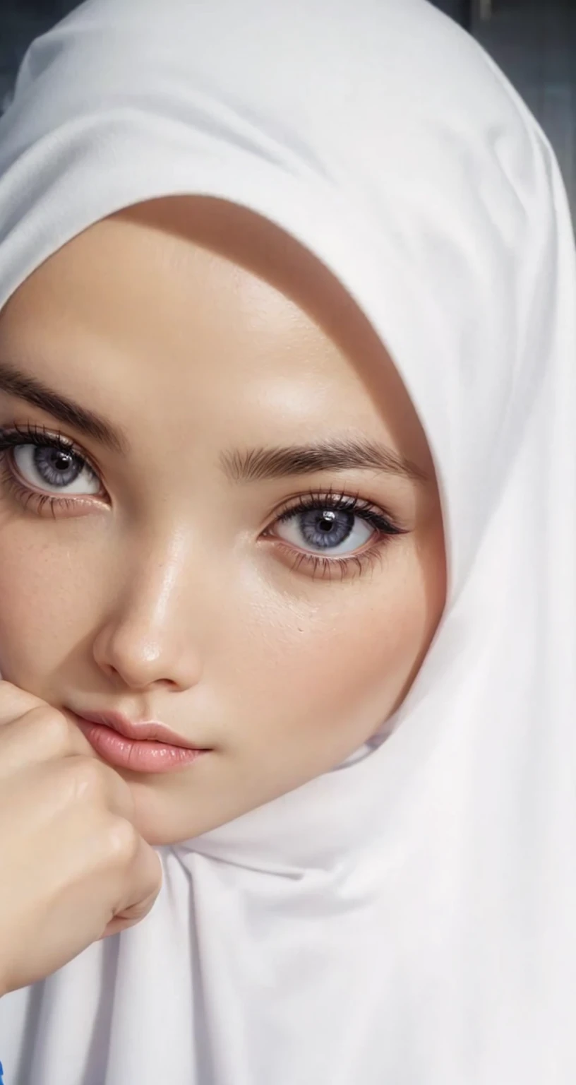 The woman faces forward wearing a white hijab