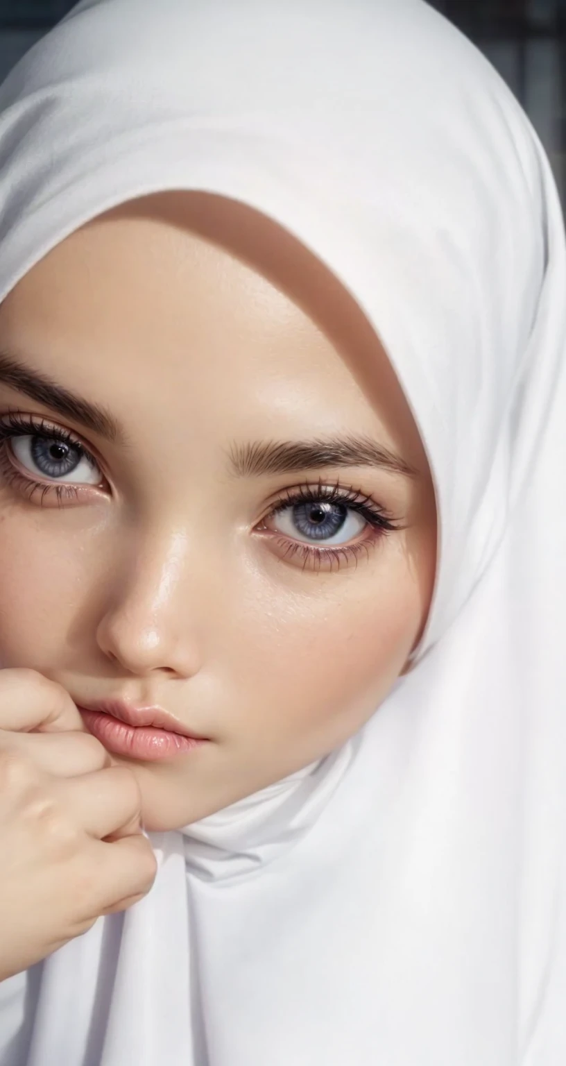 The woman faces forward wearing a white hijab