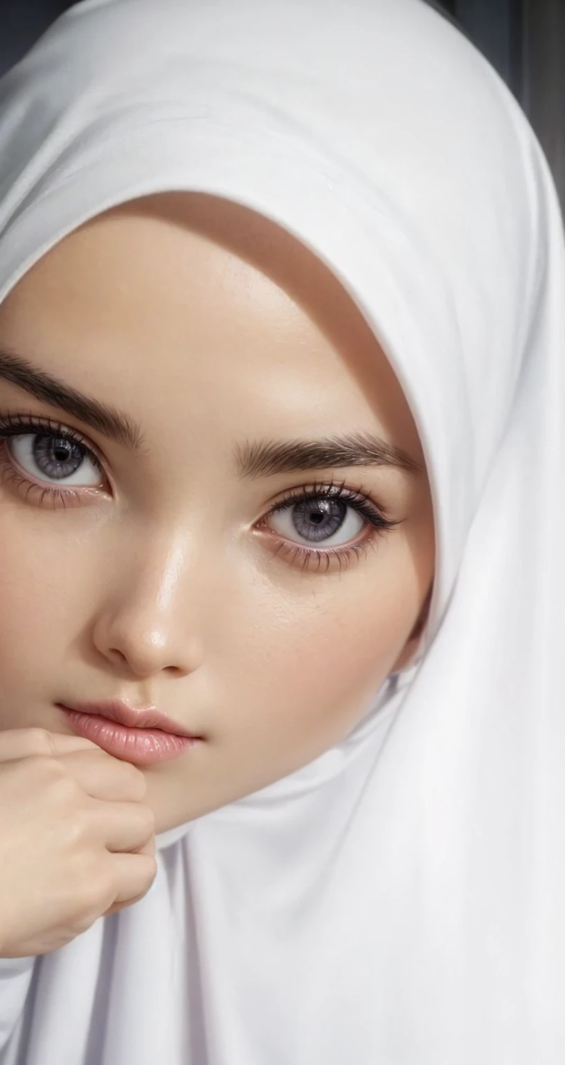 The woman faces forward wearing a white hijab