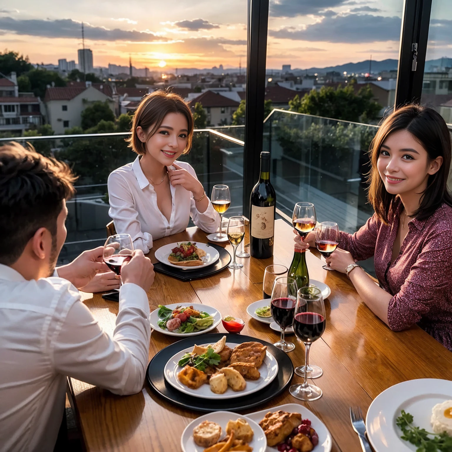 ((Highest quality、8K、masterpiece:1.3))、 (Genuineistic, Genuine、Bright image、Intricate details:1.2), 最高のsmile、1 male 1 female、Beautiful couple、Lovey-dovey lovers、fiancee、Good friends、actress couple、smile、Full-course dinner at a packed table、 (Slim face), (the body is slim), (Brown Hair), (short hair), テーブルのwine glass、Please shine a light on my face、 Amazing view of the sunset sky and clouds、42 years old 39 years old, red wine 、Appetizers、Wine bottle、sparkling wine、Long sleeve shirt、dress、White wine, red wine, wine glass,