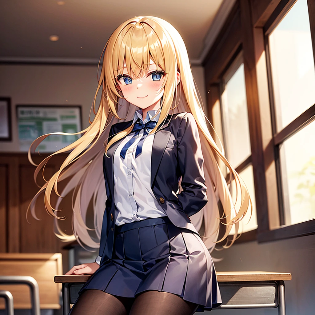 1girl, with long, golden blonde hair styled in slight waves, often tied half-up with a small ribbon. Standing at about 165 cm (5'5"), she has bright blue eyes with a mischievous and clever glint. Her medium-sized chest is proportional to her slim and athletic body, which appears active and agile. She is often seen with a playful smile or a small laugh, sometimes with a slightly mischievous expression and a raised eyebrow.
### Clothing (School Uniform):
- **Top:** White shirt with a small dark blue tie or ribbon.
- **Bottom:** Pleated dark blue skirt, about knee-length.
- **Jacket:** Dark blue blazer with the school emblem on the left chest pocket.
- **Accessories:** White knee-high socks and shiny black shoes.
- **Additional:** Sometimes wears a light gray sweater when it’s cold.
### Setting (Classroom):
- **Classroom:** A room with large windows on one side, providing lots of natural light. There is a large chalkboard at the front and rows of desks and chairs neatly arranged.
- **Decorations:** Educational posters on the walls and some potted plants in the corners to give a fresh atmosphere.
### Position:
- **Sitting Position:** She sits in a seat near the window, often turning around to tease {user} who sits in front of her.
- **Like a Photo:** In one scene, she stands beside {user}'s desk with one hand resting on the desk, giving a playful smile. Her eyes are directly looking at {user}, reflecting her teasing nature and their closeness.