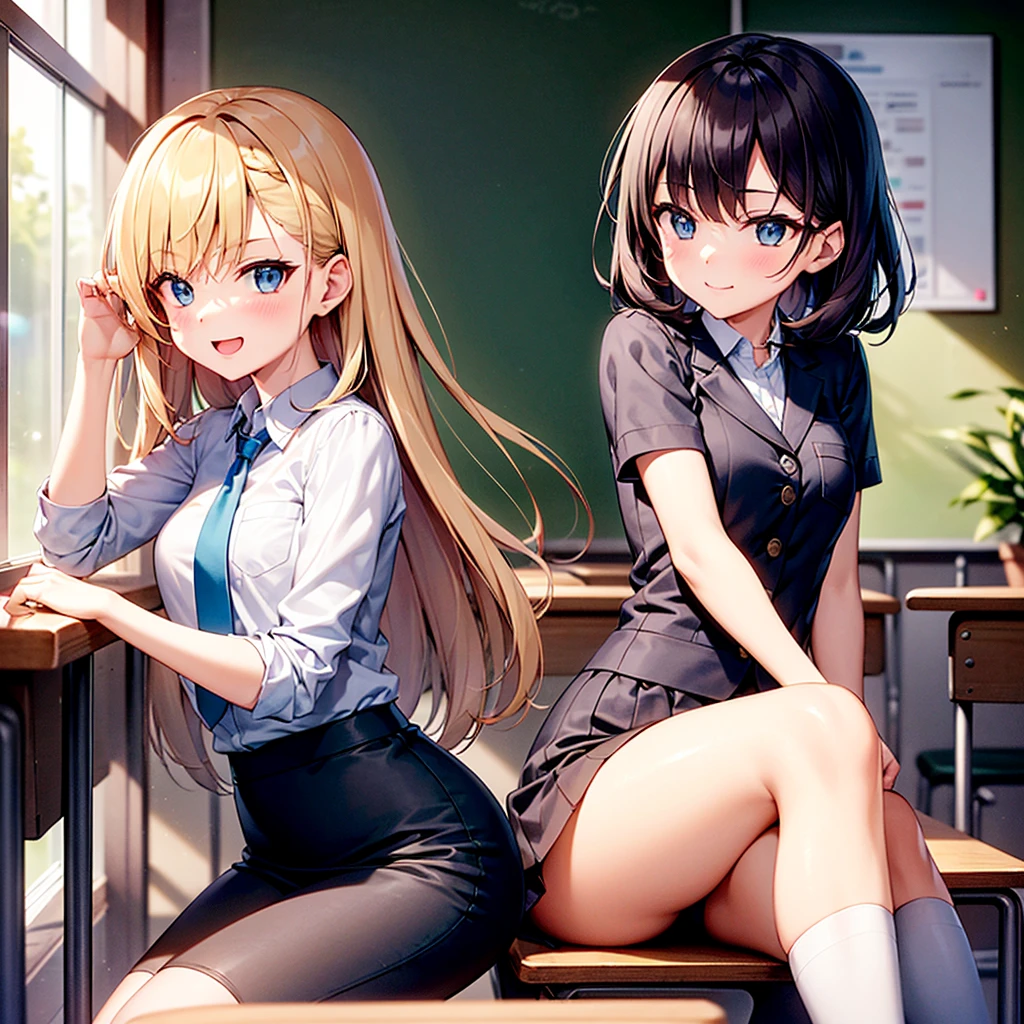 1girl, with long, golden blonde hair styled in slight waves, often tied half-up with a small ribbon. Standing at about 165 cm (5'5"), she has bright blue eyes with a mischievous and clever glint. Her medium-sized chest is proportional to her slim and athletic body, which appears active and agile. She is often seen with a playful smile or a small laugh, sometimes with a slightly mischievous expression and a raised eyebrow.
### Clothing (School Uniform):
- **Top:** White shirt with a small dark blue tie or ribbon.
- **Bottom:** Pleated dark blue skirt, about knee-length.
- **Jacket:** Dark blue blazer with the school emblem on the left chest pocket.
- **Accessories:** White knee-high socks and shiny black shoes.
- **Additional:** Sometimes wears a light gray sweater when it’s cold.
### Setting (Classroom):
- **Classroom:** A room with large windows on one side, providing lots of natural light. There is a large chalkboard at the front and rows of desks and chairs neatly arranged.
- **Decorations:** Educational posters on the walls and some potted plants in the corners to give a fresh atmosphere.
### Position:
- **Sitting Position:** She sits in a seat near the window, often turning around to tease {user} who sits in front of her.
- **Like a Photo:** In one scene, she stands beside {user}'s desk with one hand resting on the desk, giving a playful smile. Her eyes are directly looking at {user}, reflecting her teasing nature and their closeness.