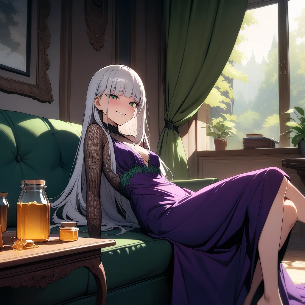 (masterpiece),(best quality),very aesthetic,(ultra-detailed),(illustration),(degenerate),very aesthetic,nsfw,1girl,,slender,long hair,silver hair,straight hair,(blunt bangs),dark blue alluring eyes,smirk,laughing,condescending look,An elegant and sophisticated outfit perfect for a party, featuring a purple velvet long dress with green lace accents,Rough dark green mesh sleeves,Jar of honey,ecstasy,happy,inroom,couch,reclining,daytime,Lascivious atmosphere,fantastic atmosphere,Sunlight shining through the window,forest landscape,curtains flutter in the wind,Toxic green colored lace panties,Old furnishings,dusty room