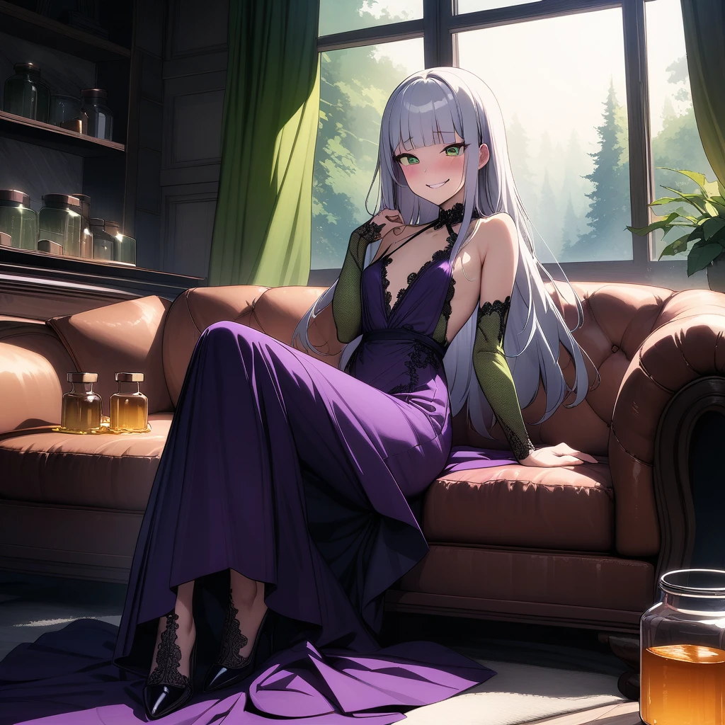 (masterpiece),(best quality),very aesthetic,(ultra-detailed),(illustration),(degenerate),very aesthetic,nsfw,1girl,16yo,slender,long hair,silver hair,straight hair,(blunt bangs),dark blue alluring eyes,smirk,laughing,condescending look,An elegant and sophisticated outfit perfect for a party, featuring a purple velvet long dress with green lace accents,Rough dark green mesh sleeves,Jar of honey,???????,happy,inroom,couch,reclining,daytime,Lascivious atmosphere,fantastic atmosphere,Sunlight shining through the window,forest landscape,curtains flutter in the wind,Toxic green colored lace panties,Old furnishings,dusty room