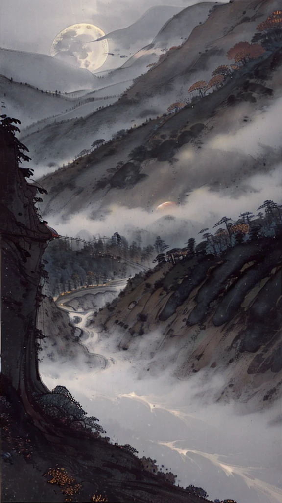Mountain road, fall, leaf, fog, night, full moon, owl