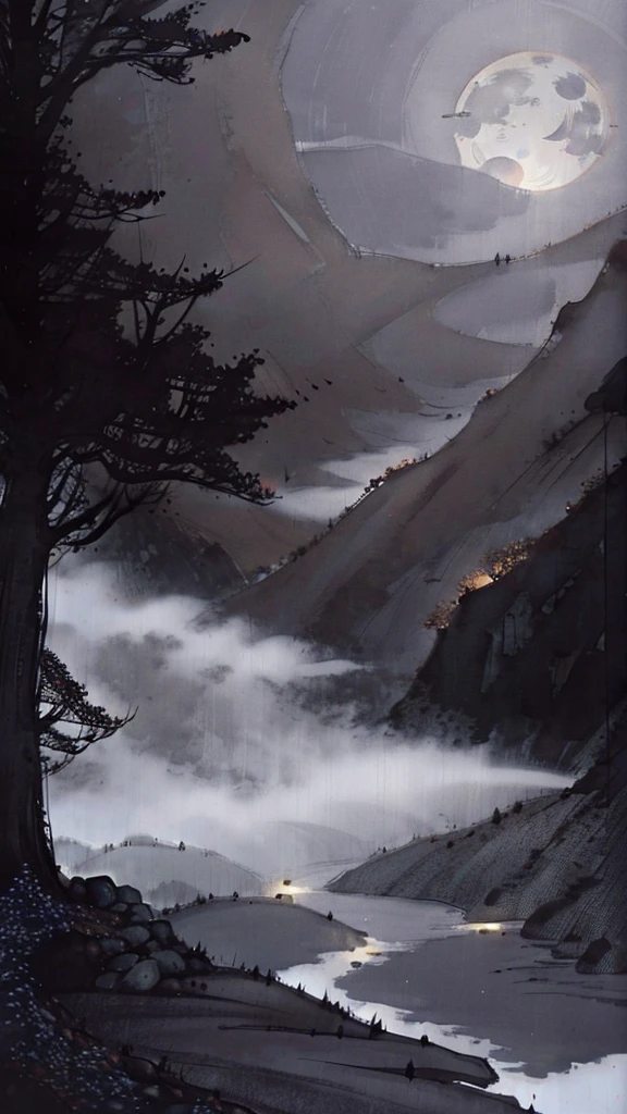 Mountain road, fall, leaf, fog, night, full moon, owl