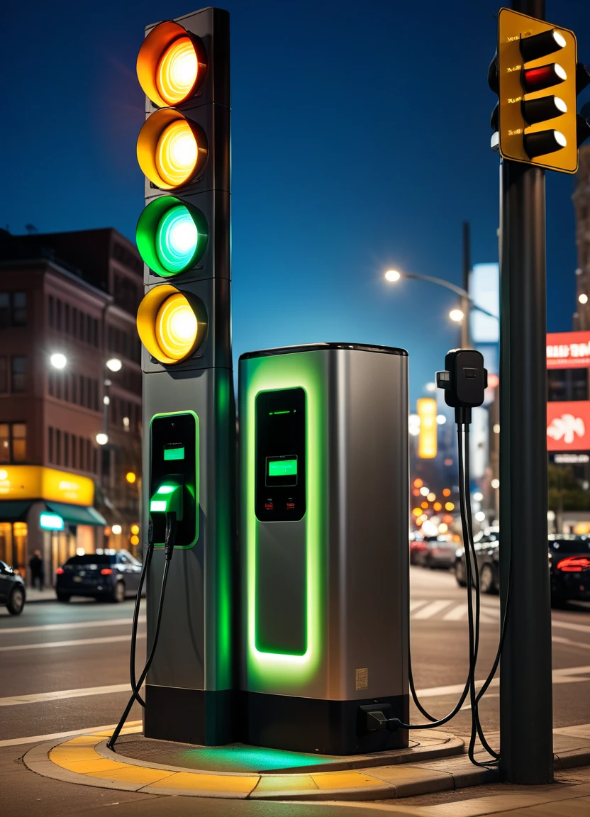 cinematic film still electronic car charging at night in city, traffic light,Wireless charging,Digital Artwork, 乔治·克里斯塔基斯Artworks, Geometric abstract art, Rob Gonsalves Artworks, Offset printing, Diesel punk (electronic car:1.2) , Harriet Lane (Harriet Lee-Merrion) Artworks, this, Extremely high-resolution details, photography, Realism is pushed to the extreme, Delicate texture, Lifelike . Shallow depth of field, Vignette, Very detailed, High Budget, Bokeh, Widescreen, Moody, epic, Gorgeous, Film Grain, Granular