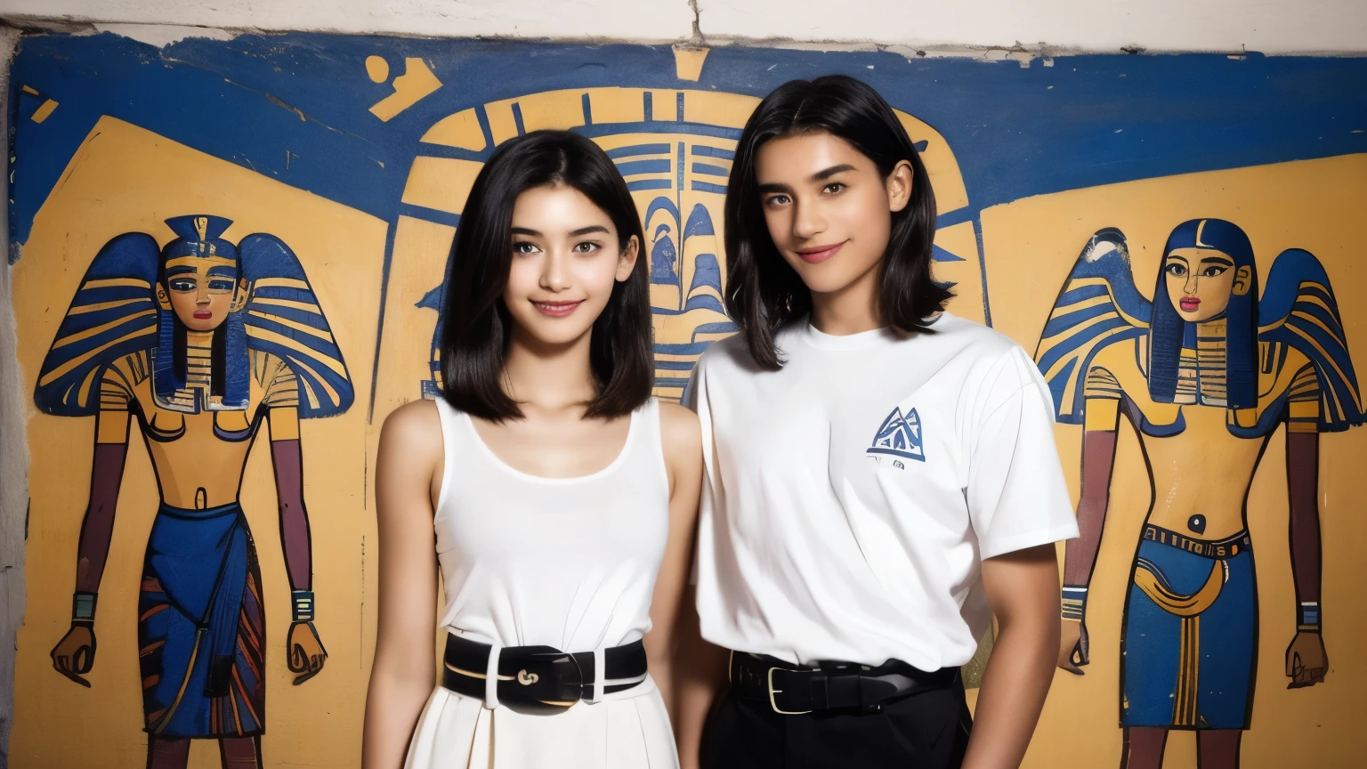 246 (In the mural2people), (18 year old female and 18 year old male), short hair,kind, lipstick, Egyptian civilization, Belt on waist, hieroglyph, smile