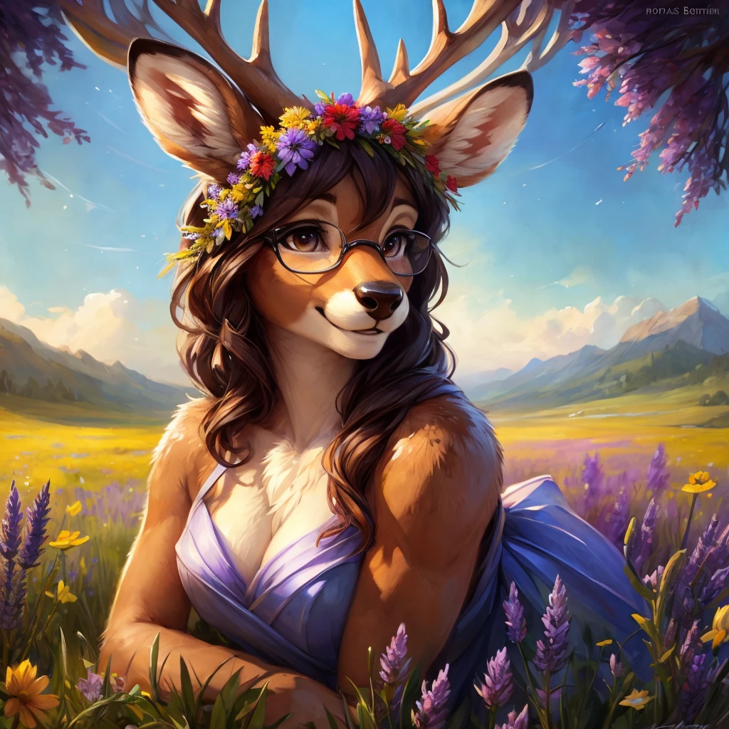 uploaded on e621, watercolor look, by Pixelsketcher, by Bayard Wu, by Thomas Benjamin Kennington , by Einshelm, by hioshiru and kenket, Chunie, portrait, solo anthro female deer doe, with small featureless breasts, clear dark blue, cinematic lighting, day, sunny day, lavender field, stays in a wildflowers field, wildflowers field background, mediterranean background, horizon background, shiny, short curly dark brown hair, wears big black nerd glasses, very very beautiful furry art, furry art, smiling, joyful, shiny, happy, feminine, cute face, muzzle, fluffy chest, flawless face, Fallow deer, 1girl, Sakimichan is beautiful, Masterpiece, Wavethesallow Face, shiny, Detailed image, portrait, Detailed image, portrait, full body, wears pure white short spaghetti straps dress, wears a wildflowers wreath, shiny, realistic face, perfect anatomy, hourglass body, (furry body:1.1), anthropomorphic deer, looks at the viewer, small fluffy tail, detailed background, (cute anatomy:1.1), stands in a wildflowers field