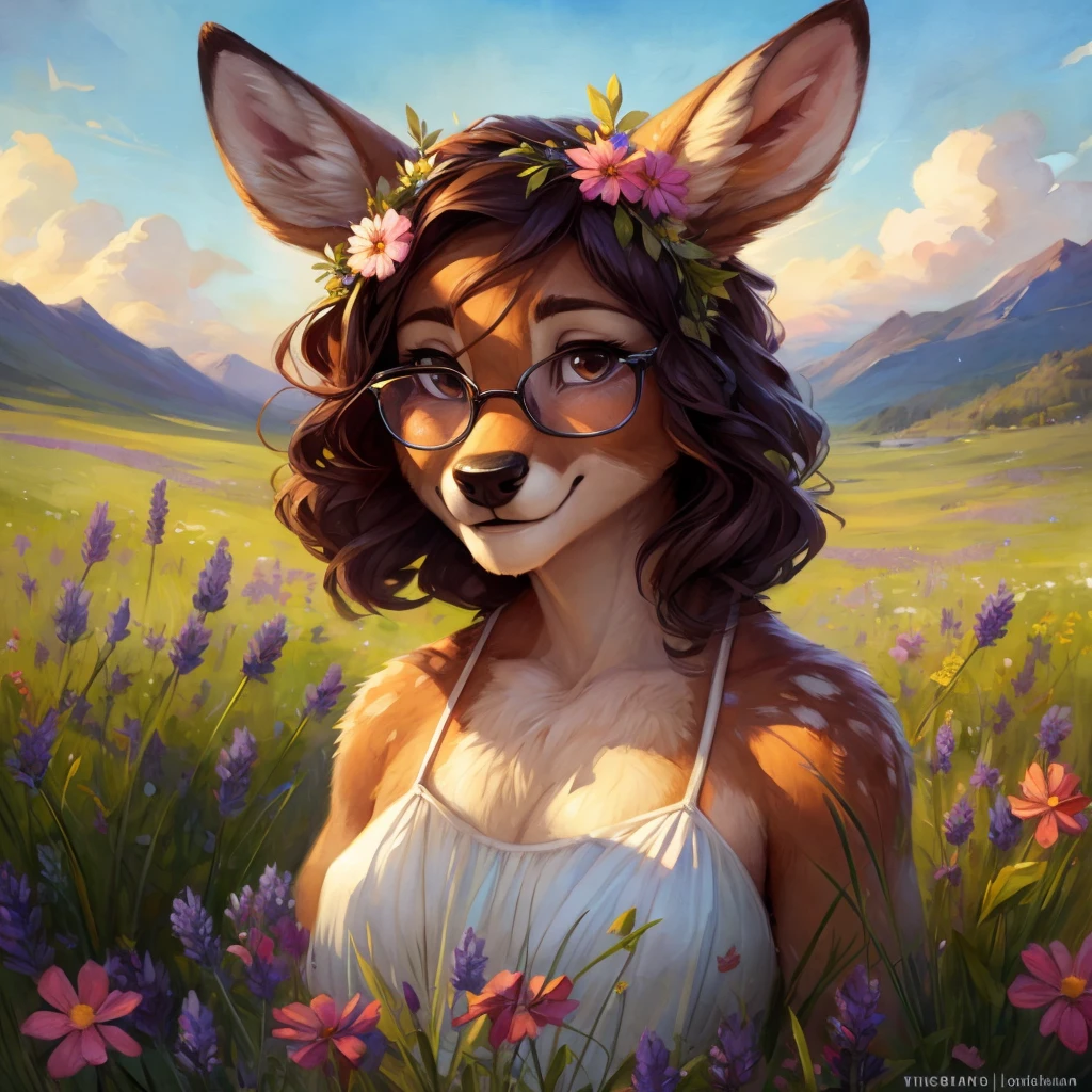 uploaded on e621, watercolor look, by Pixelsketcher, by Bayard Wu, by Thomas Benjamin Kennington , by Einshelm, by hioshiru and kenket, Chunie, portrait, solo anthro female deer doe, with small featureless breasts, clear dark blue, cinematic lighting, day, sunny day, lavender field, stays in a wildflowers field, wildflowers field background, mediterranean background, horizon background, shiny, short curly dark brown hair, wears big black nerd glasses, very very beautiful furry art, furry art, smiling, joyful, shiny, happy, feminine, cute face, muzzle, fluffy chest, flawless face, Fallow deer, 1girl, Sakimichan is beautiful, Masterpiece, Wavethesallow Face, shiny, Detailed image, portrait, Detailed image, portrait, full body, wears pure white short spaghetti straps dress, wears a wildflowers wreath, shiny, realistic face, perfect anatomy, hourglass body, (furry body:1.1), anthropomorphic deer, looks at the viewer, small fluffy tail, detailed background, (cute anatomy:1.1), stands in a wildflowers field