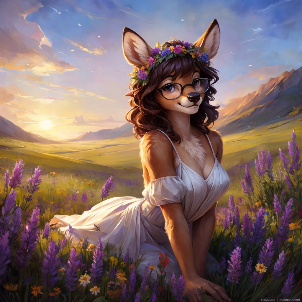 uploaded on e621, watercolor look, by Pixelsketcher, by Bayard Wu, by Thomas Benjamin Kennington , by Einshelm, by hioshiru and kenket, Chunie, portrait, solo anthro female deer doe, with small featureless breasts, clear dark blue, cinematic lighting, day, sunny day, lavender field, stays in a wildflowers field, wildflowers field background, mediterranean background, horizon background, shiny, short curly dark brown hair, wears big black nerd glasses, very very beautiful furry art, furry art, smiling, joyful, shiny, happy, feminine, cute face, muzzle, fluffy chest, flawless face, Fallow deer, 1girl, Sakimichan is beautiful, Masterpiece, Wavethesallow Face, shiny, Detailed image, portrait, Detailed image, portrait, full body, wears pure white short spaghetti straps dress, wears a wildflowers wreath, shiny, realistic face, perfect anatomy, hourglass body, (furry body:1.1), anthropomorphic deer, looks at the viewer, small fluffy tail, detailed background, (cute anatomy:1.1), stands in a wildflowers field
