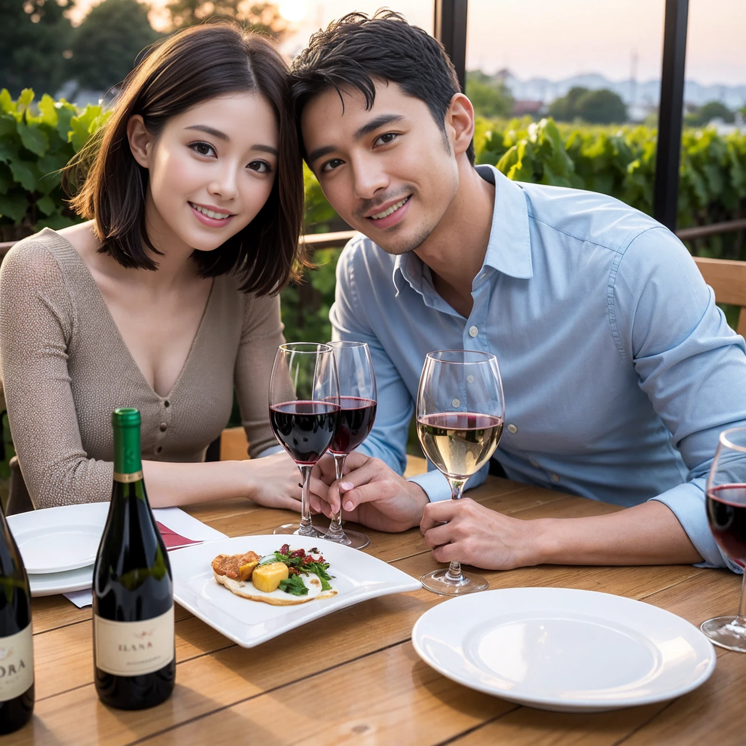 ((Highest quality、8K、masterpiece:1.3))、 (Genuineistic, Genuine、Bright image、Intricate details:1.2), 最高のsmile、1 male 1 female、Slim Body、Beautiful couple、Satomi Ishihara-like lover、Good friends、actress couple、smile、A full-course dinner with a full table、 (Slim face), (the body is slim), (Brown Hair), (short hair), テーブルのwine glass、Please shine a light on my face、 Amazing view of the sunset sky and clouds、 (40 years old)38 years old, red wine 、Wine bottle、sparkling wine、Long sleeve shirt、dress、White wine, red wine, wine glass, 