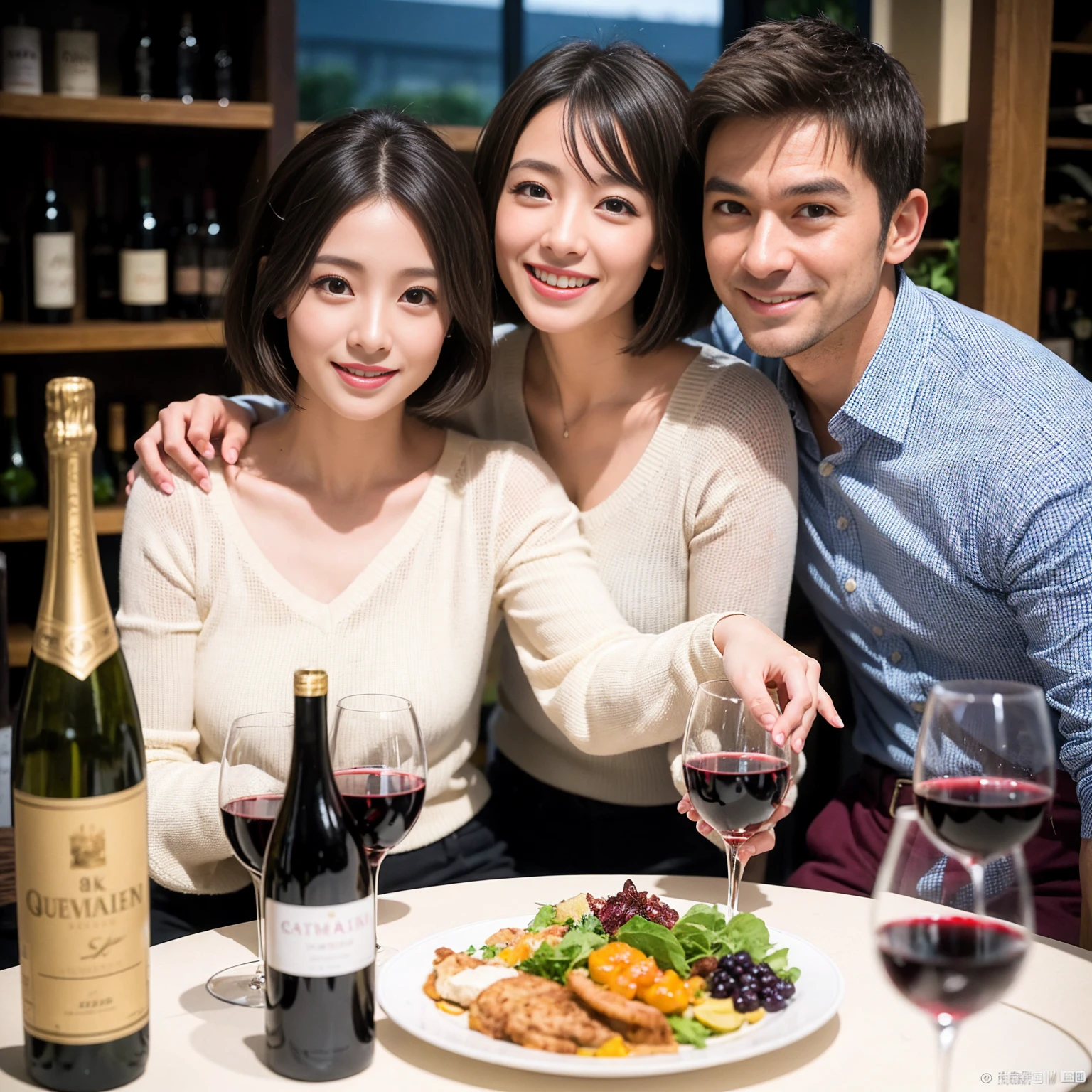 ((Highest quality、8K、masterpiece:1.3))、 (Genuineistic, Genuine、Bright image、Intricate details:1.2), 最高のsmile、1 male 1 female、Slim Body、Beautiful couple、Satomi Ishihara-like lover、Good friends、actress couple、smile、A full-course dinner with a full table、 (Slim face), (the body is slim), (Brown Hair), (short hair), テーブルのwine glass、Please shine a light on my face、 Amazing view of the sunset sky and clouds、 (40 years old)38 years old, red wine 、Wine bottle、sparkling wine、Long sleeve shirt、dress、White wine, red wine, wine glass,