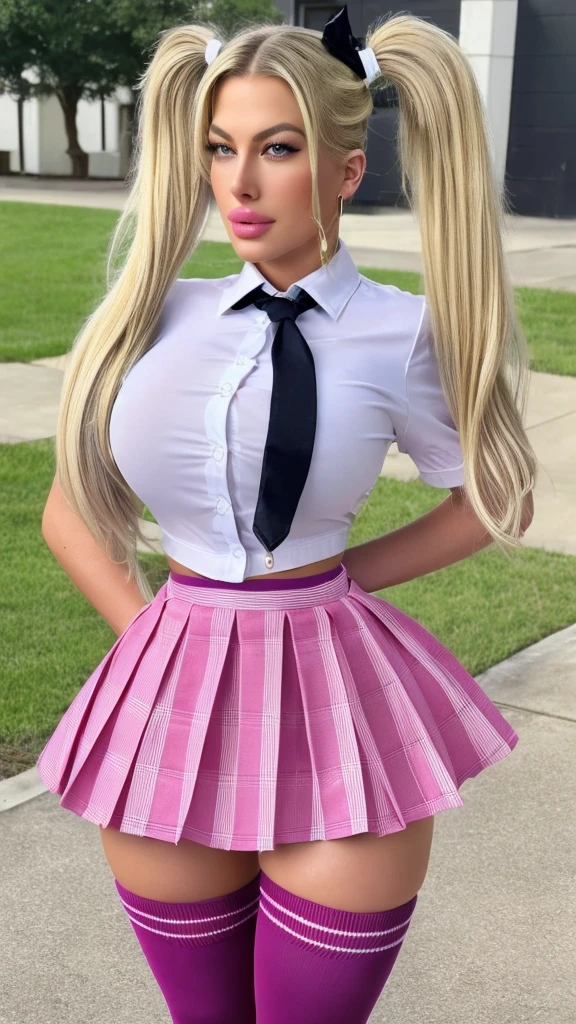 (highly realistic), (global illumination), (ray tracing), ((highly detailed faces)), (8k resolution), pale blue eyes, (hyper realistic), (photorealistic: 1.4), (blonde Ava Gardner: 1.4), (short curled ringlets pigtails), purple eyeshadow, (two curly pigtails), ((school girl with a bbl)), (big round bottom), (long tartan pleated skirt), ((cropped white formal collared button-up short-sleeved school shirt)), (striped long school tie) (double bbl), Brazilian butt lift, wide hips, (bright pink lips), (hoop earrings), (thigh-high white pelerine socks: 1.5), slim waist, formal attire, modest long skirt, (pink bow in hair), soft pink eyeshadow, (white button-up school short-sleeved shirt: 1.2), (cropped school shirt), (thick thighs)