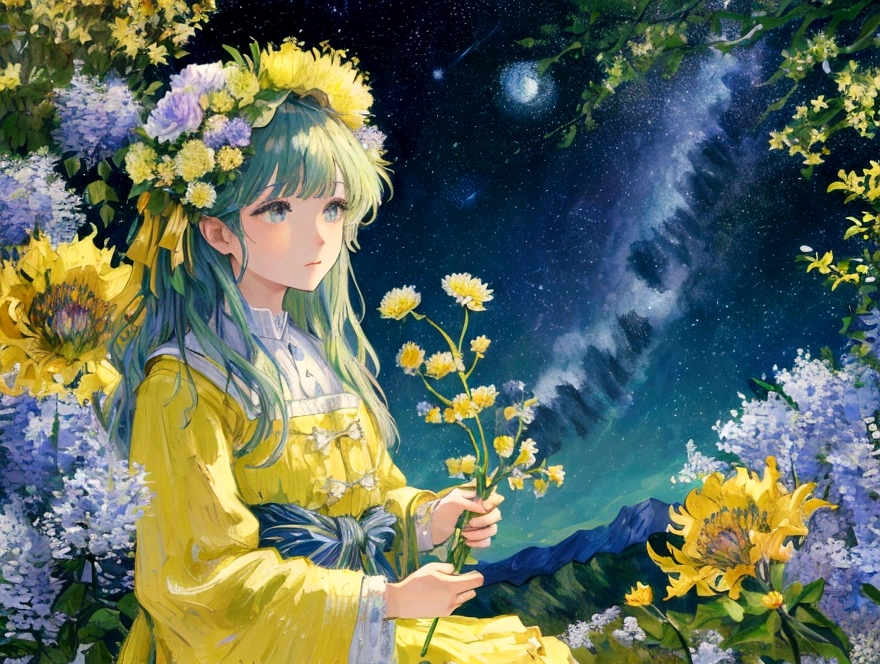Mountain, forest, Starry Sky ,Yellow Full Moon, Intricate details,make flowers bloom,Sea of Flowers,Fantastic、Monet,Van Gogh