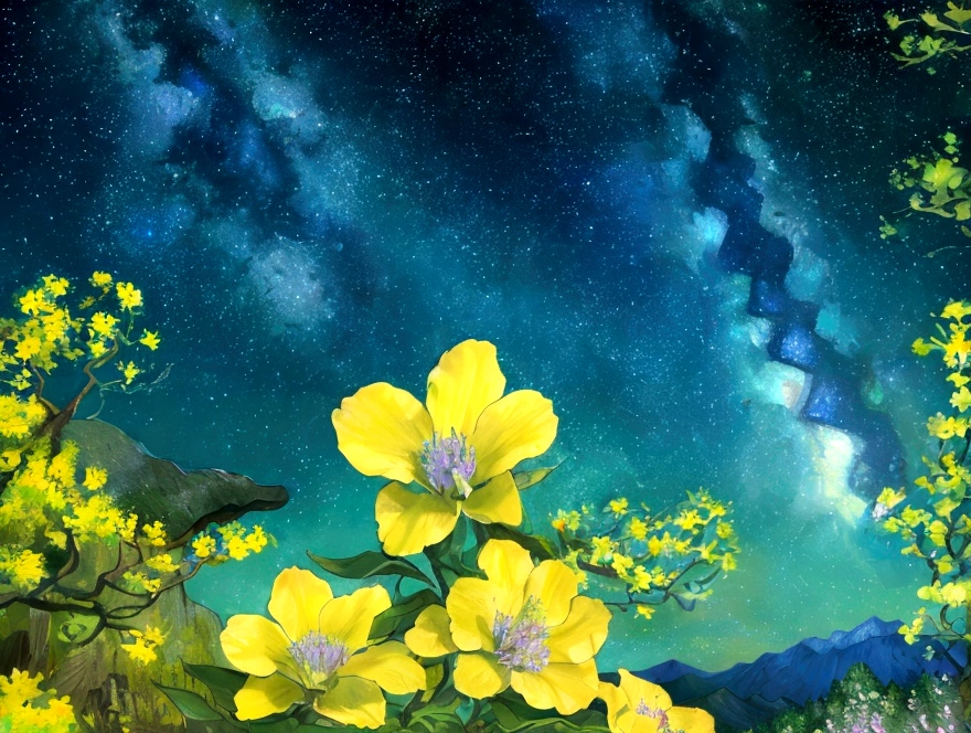 Mountain, forest, Starry Sky ,Yellow Full Moon, Intricate details,make flowers bloom,Sea of Flowers,Fantastic、Monet,Van Gogh