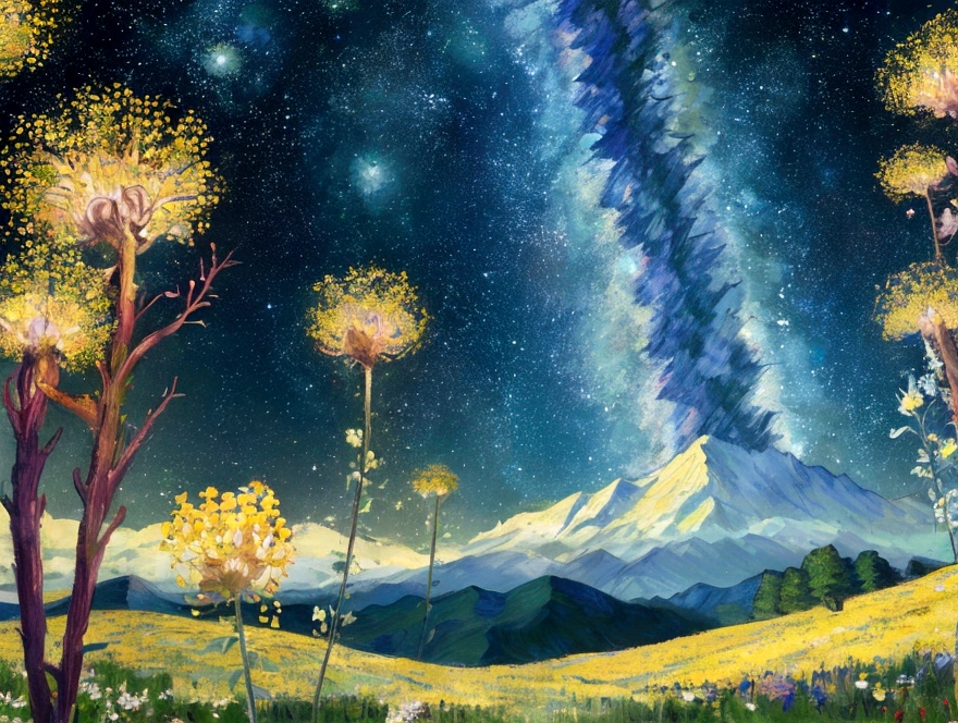 Mountain, forest, Starry Sky ,Yellow Full Moon, Intricate details,make flowers bloom,Sea of Flowers,Fantastic、Monet,Van Gogh