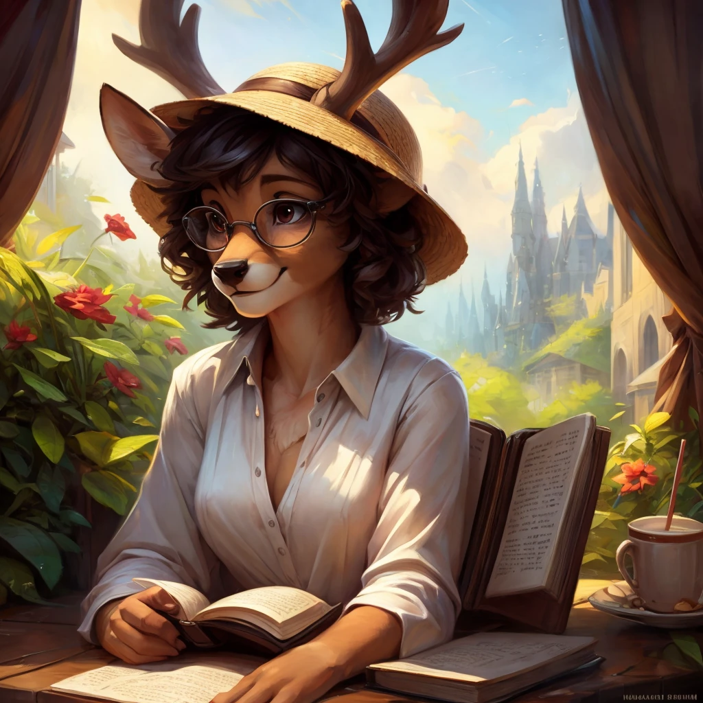 uploaded on e621, by Pixelsketcher, by Bayard Wu, by Thomas Benjamin Kennington , by Einshelm, by hioshiru and kenket, Chunie, portrait, solo anthro female deer doe, tiny featureless breasts, tiny breasts, clear dark blue, cinematic lighting, day, sunny day, sitting outside at a café, café background, french background, old french background, shiny, short curly dark brown hair, short hair, wears big black nerd glasses, very very beautiful furry art, furry art, thoughtful, shiny, feminine, cute face, muzzle, fluffy chest, flawless face, Fallow deer, 1girl, Sakimichan is beautiful, Masterpiece, Wavethesallow Face, shiny, Detailed image, portrait, Detailed image, portrait, wears pure white wide, big blouse, wears beige summer straw hat, shiny, realistic face, perfect anatomy, hourglass body, anthropomorphic deer, happy, very happy, small ears, huge black nerd glasses, wide happy eyes, look at viewer, smiles, big smile, holds with both hands a book, hourglass body, (furry body:1.1), anthropomorphic deer, reading a book, small fluffy tail, detailed background, (cute anatomy:1.1)
