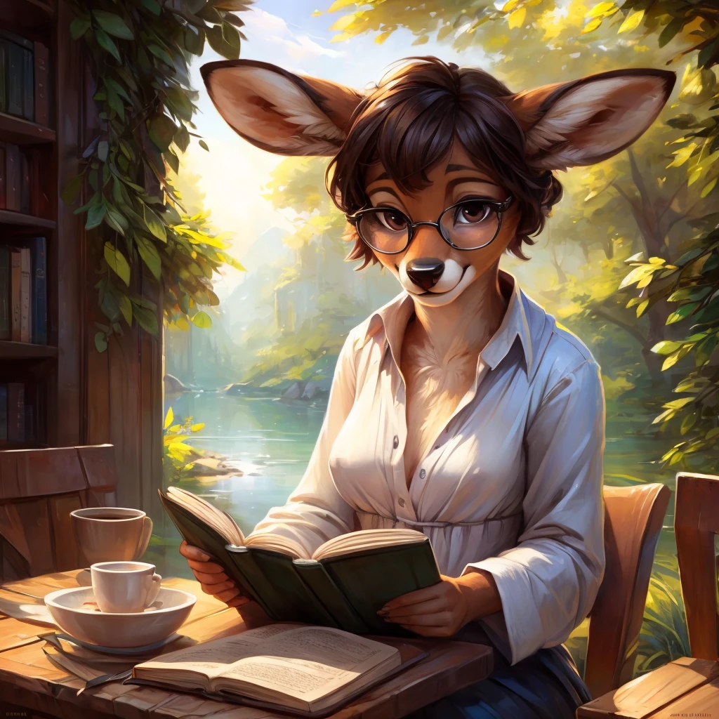 uploaded on e621, by Pixelsketcher, by Bayard Wu, by Thomas Benjamin Kennington , by Einshelm, by hioshiru and kenket, Chunie, portrait, solo anthro female deer doe, tiny featureless breasts, tiny breasts, clear dark blue, cinematic lighting, day, sunny day, sitting outside at a café, café background, french background, old french background, shiny, short curly dark brown hair, short hair, wears big black nerd glasses, very very beautiful furry art, furry art, thoughtful, shiny, feminine, cute face, muzzle, fluffy chest, flawless face, Fallow deer, 1girl, Sakimichan is beautiful, Masterpiece, Wavethesallow Face, shiny, Detailed image, portrait, Detailed image, portrait, wears pure white wide, big blouse, wears beige summer straw hat, shiny, realistic face, perfect anatomy, hourglass body, anthropomorphic deer, happy, very happy, small ears, huge black nerd glasses, wide happy eyes, look at viewer, smiles, big smile, holds with both hands a book, hourglass body, (furry body:1.1), anthropomorphic deer, reading a book, small fluffy tail, detailed background, (cute anatomy:1.1)
