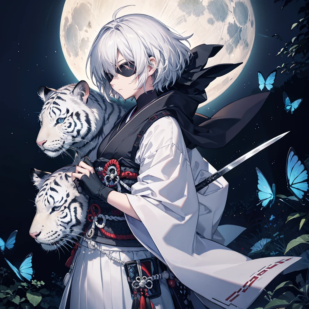 (((1 person))) (((Put on an eye patch))) ((White Tiger)) ((High resolution short hair Gray Hair Black kimono Shoulder knifeを持つ Hold with both hands)) ((Black Band samurai Lonely despair blue eyes Close-up)) ((Blue Butterfly night Japanese style old Shining Aura garden water surface full moon Catch the wind)) (日本knife knife) moonlight star Draw your sword Shining Background Shining Edge